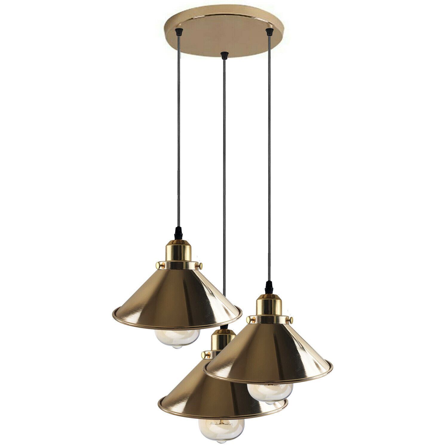 Modern Industrial French Gold Hanging Ceiling Pendant Light with metal cone design, showcasing its elegant finish and installation hardware.