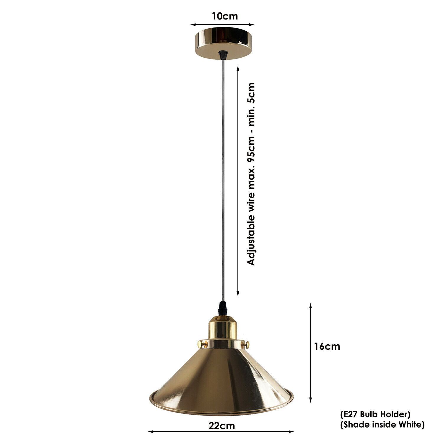 Modern Industrial French Gold Hanging Ceiling Pendant Light with metal cone design, showcasing its elegant finish and installation hardware.