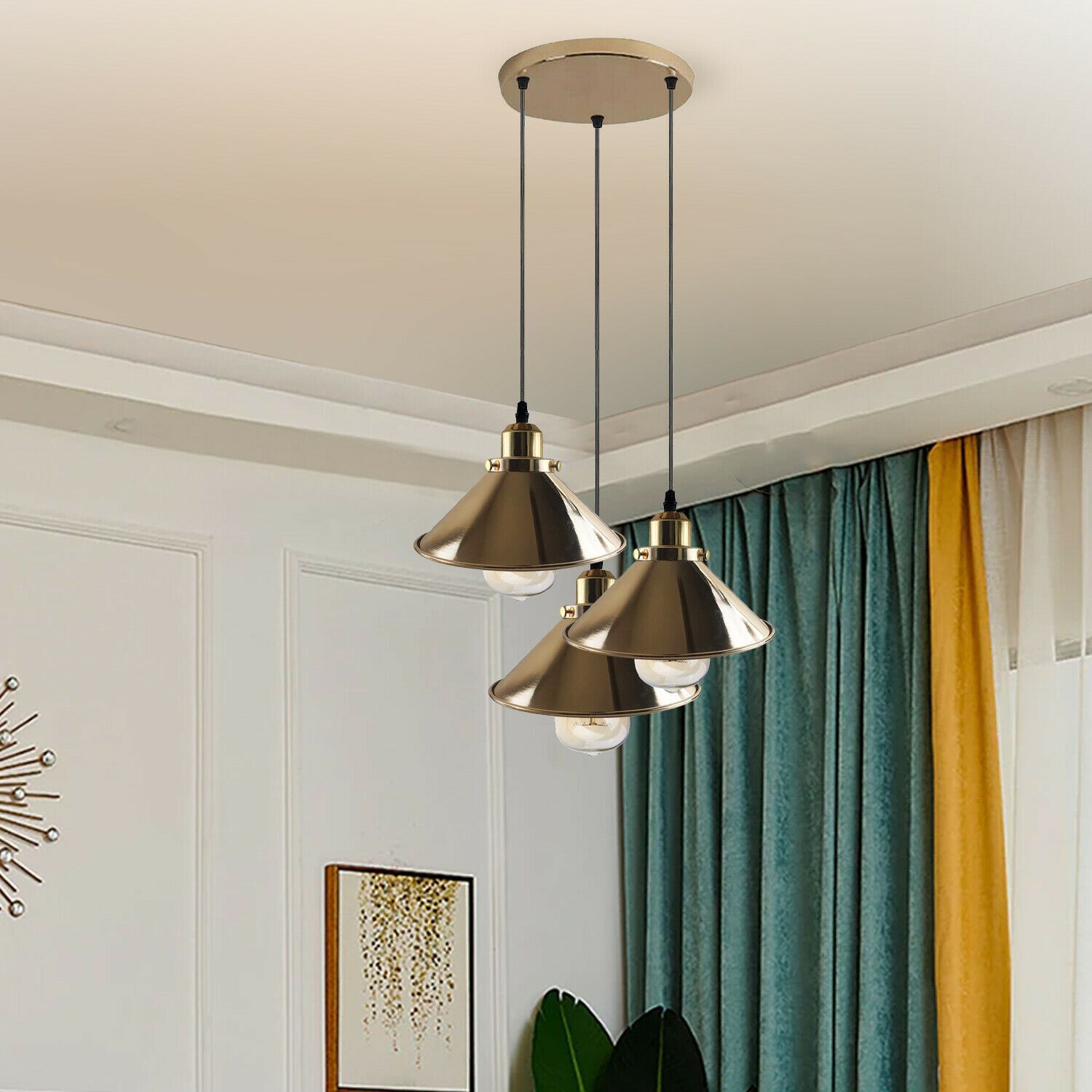 Modern Industrial French Gold Hanging Ceiling Pendant Light with metal cone design, showcasing its elegant finish and installation hardware.