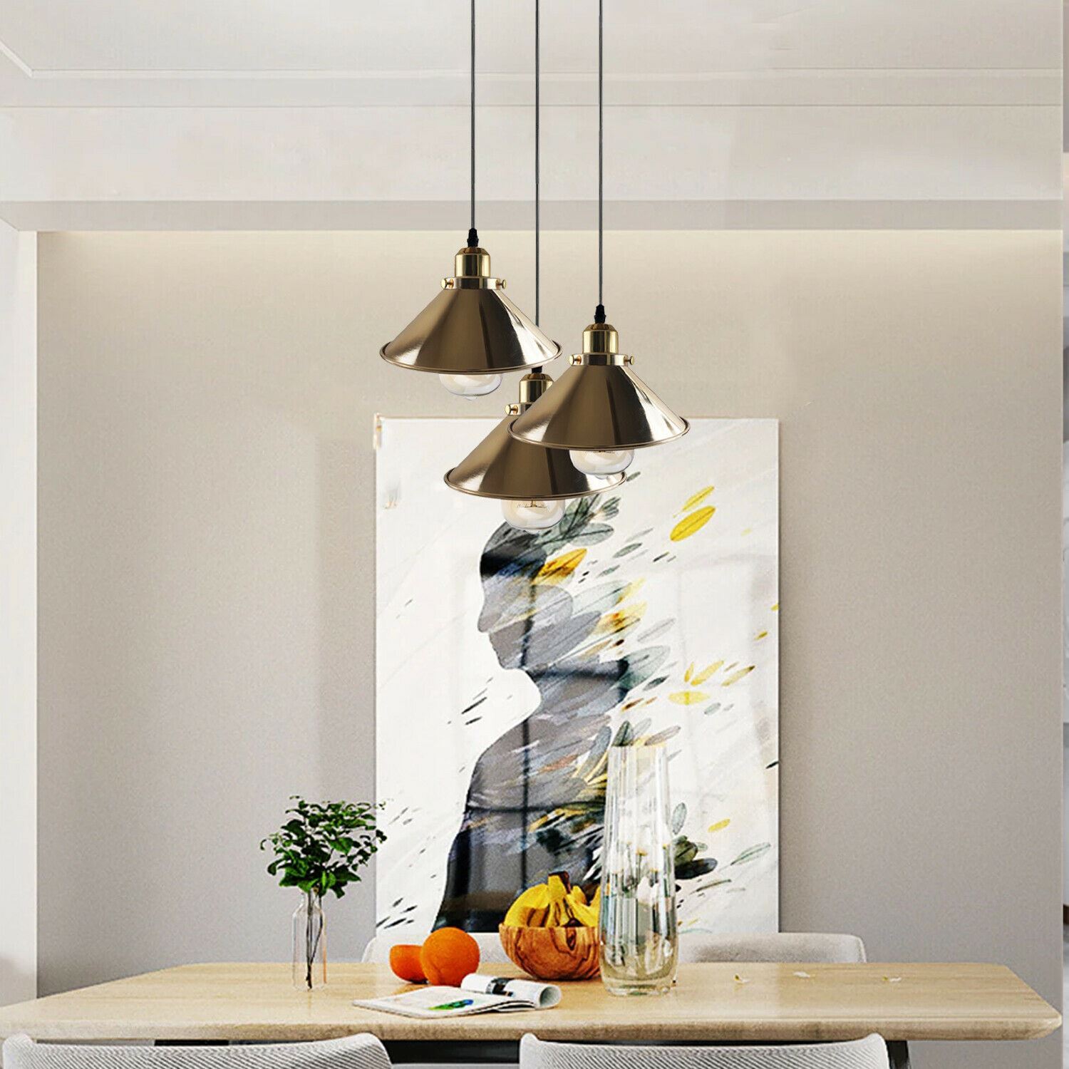 Modern Industrial French Gold Hanging Ceiling Pendant Light with metal cone design, showcasing its elegant finish and installation hardware.