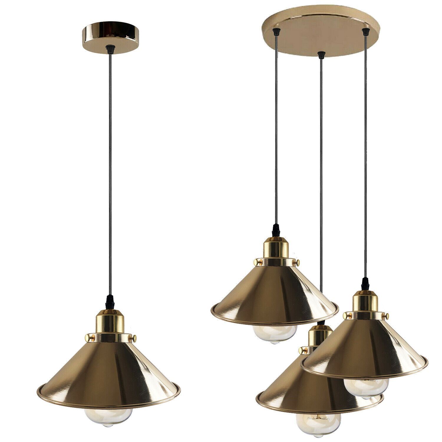 Modern Industrial French Gold Hanging Ceiling Pendant Light with metal cone design, showcasing its elegant finish and installation hardware.