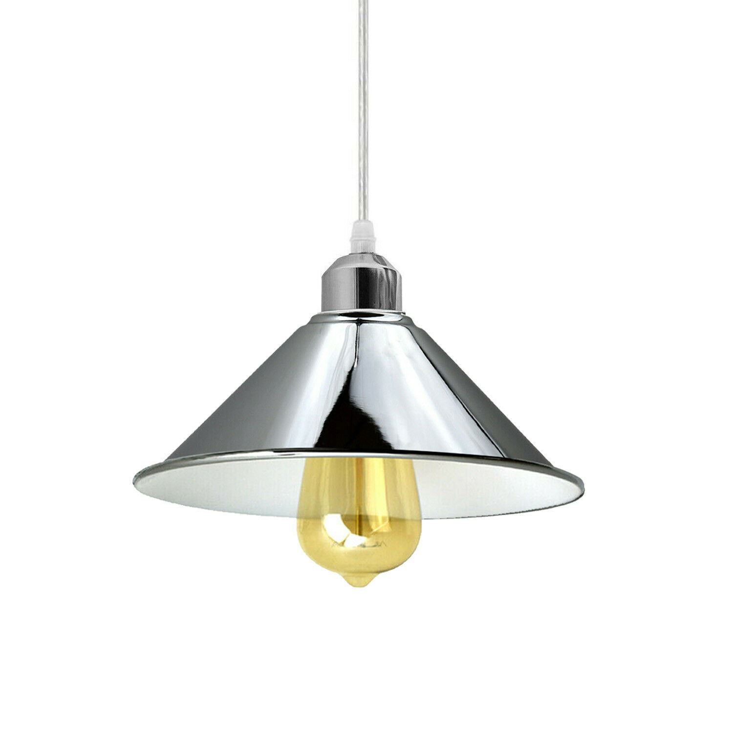 Modern Industrial Loft Chrome Ceiling Pendant Light with a sleek metal cone shape, perfect for stylish home decor.