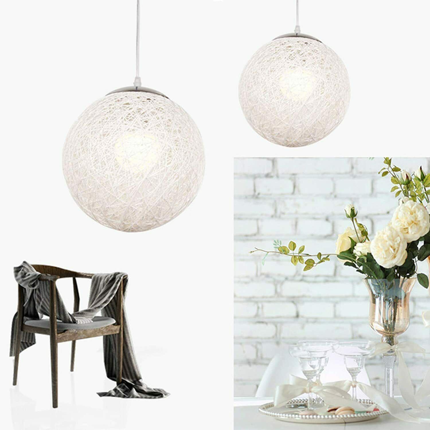 Modern Industrial Rattan Wicker Woven Ball Globe Pendant Light with two outlets, showcasing its stylish design and natural rattan texture.