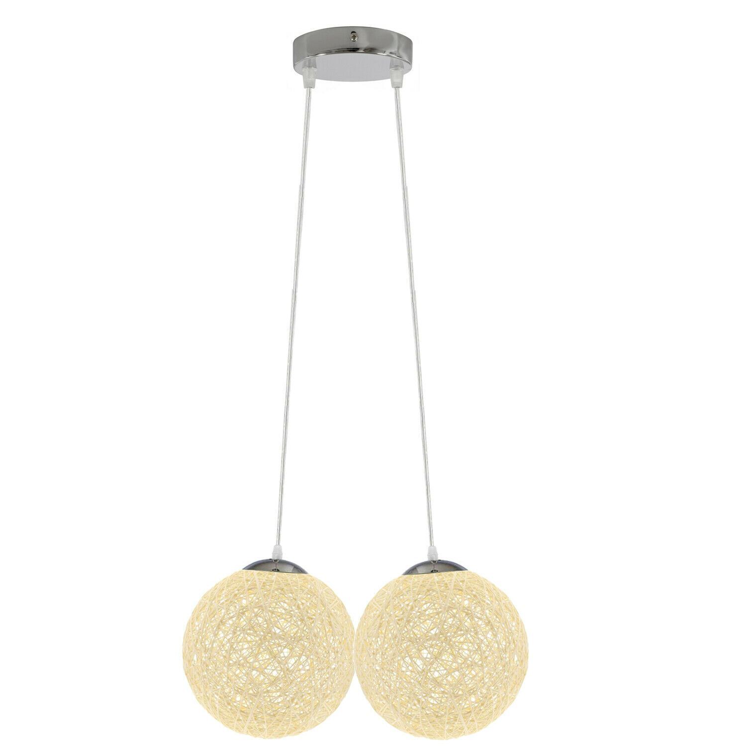 Modern Industrial Rattan Wicker Woven Ball Globe Pendant Light with two outlets, showcasing its stylish design and natural rattan texture.