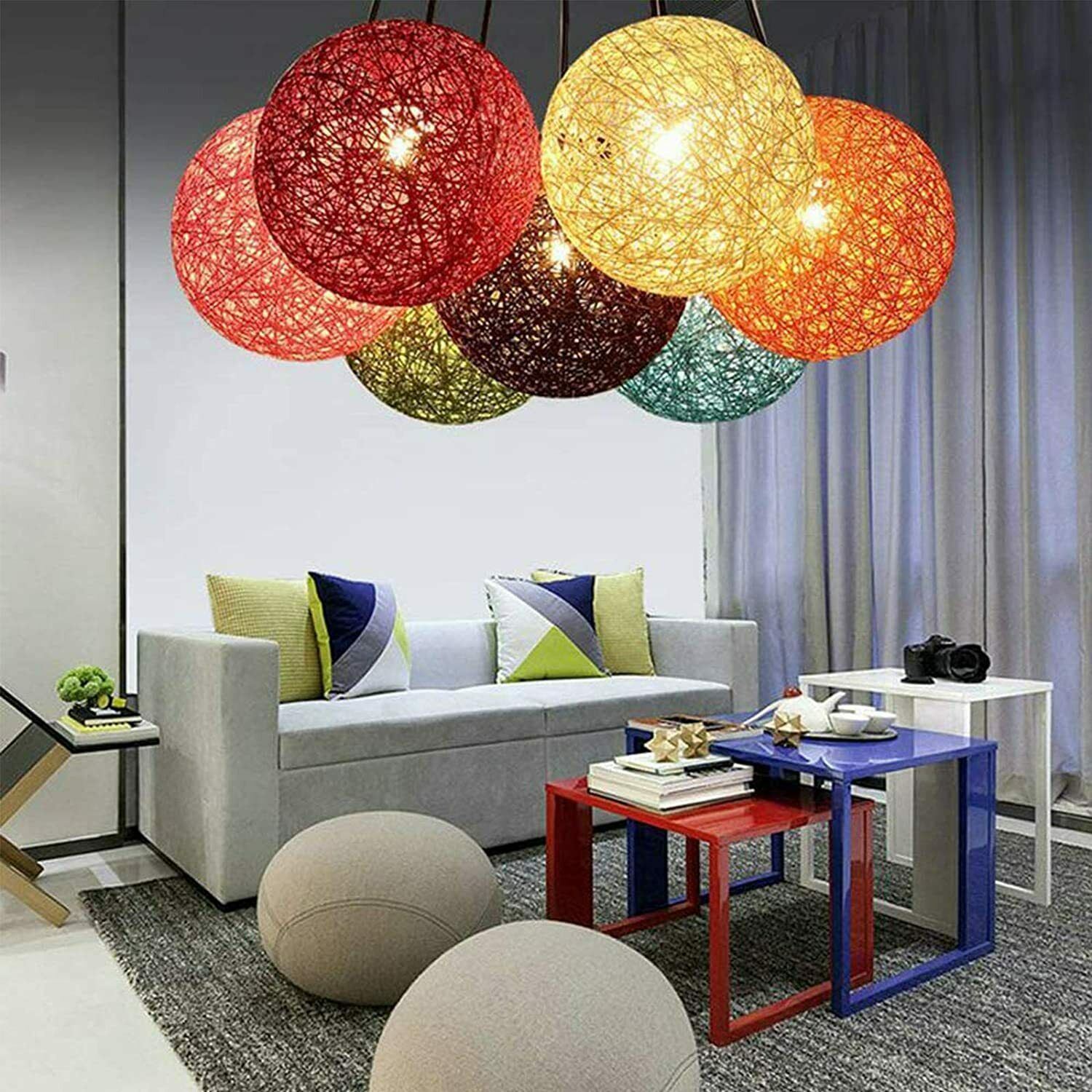 Modern Industrial Rattan Wicker Woven Ball Globe Pendant Light with two outlets, showcasing its stylish design and natural rattan texture.