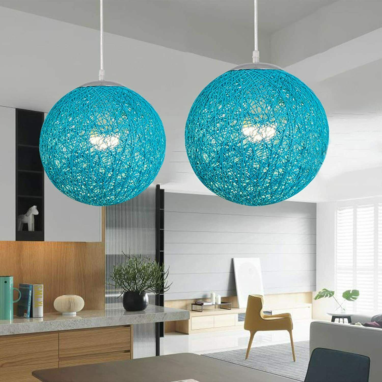 Modern Industrial Rattan Wicker Woven Ball Globe Pendant Light with two outlets, showcasing its stylish design and natural rattan texture.