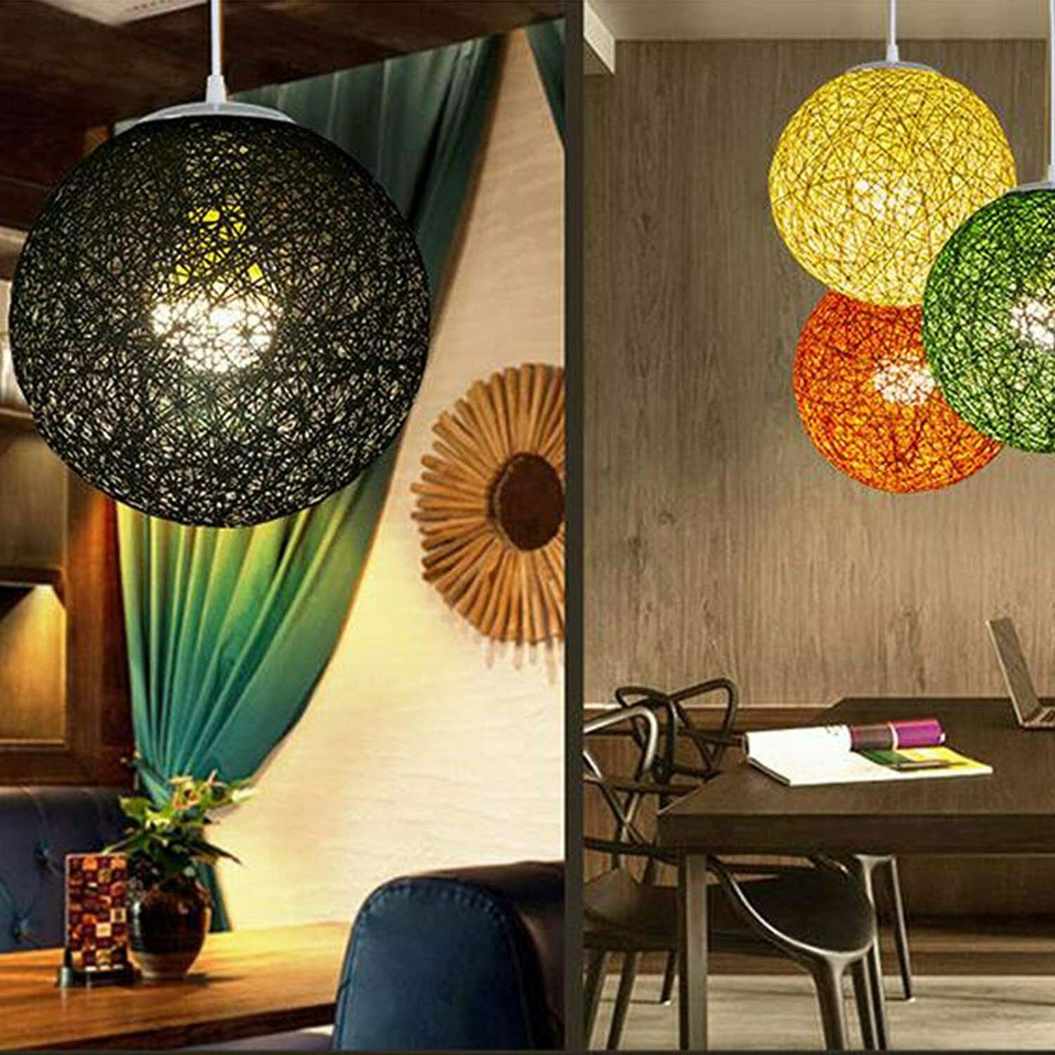 Modern Industrial Rattan Wicker Woven Ball Globe Pendant Light with two outlets, showcasing its stylish design and natural rattan texture.