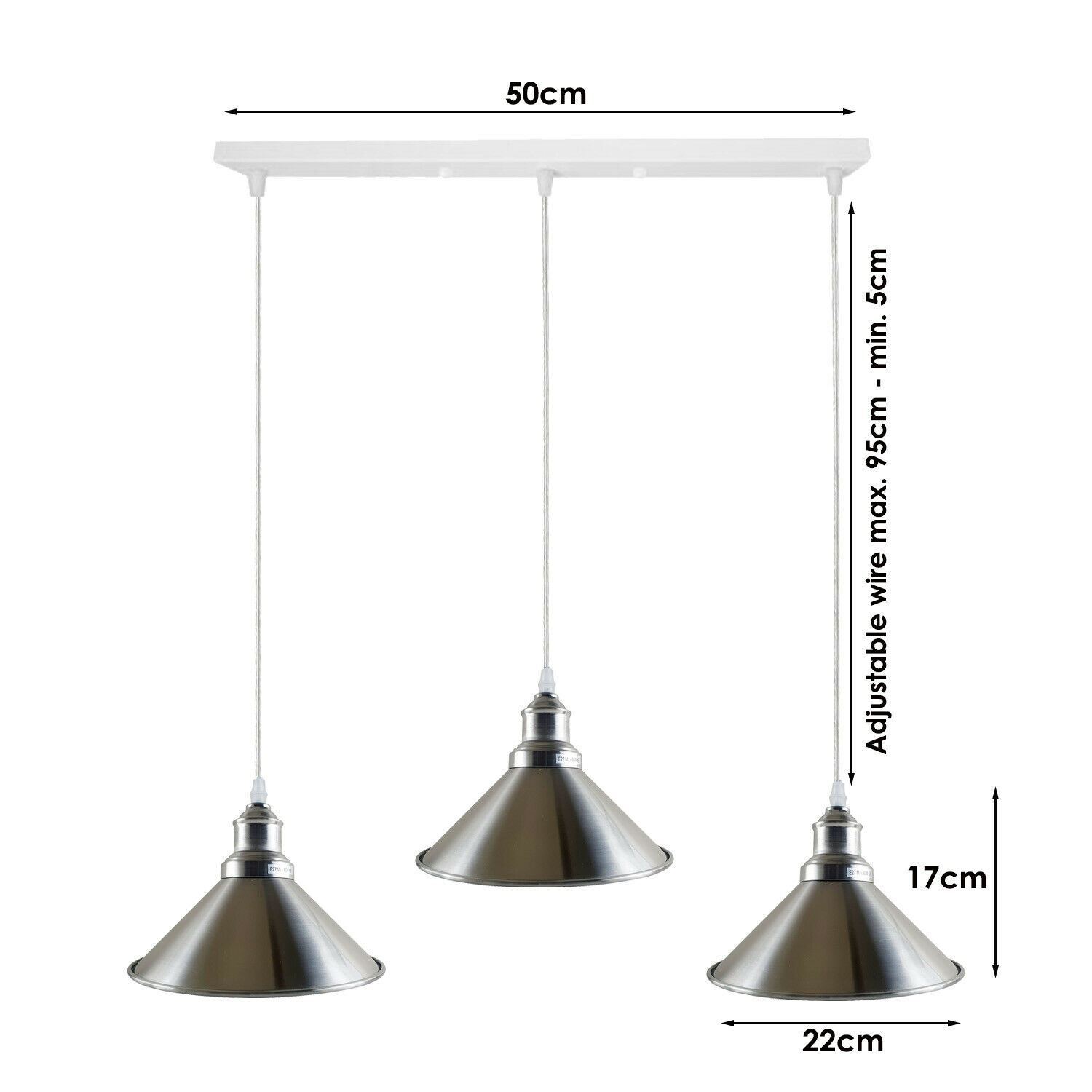 Modern Industrial Satin Nickel Indoor Hanging 3 Way Ceiling Pendant with three light holders and shades, showcasing a sleek design.