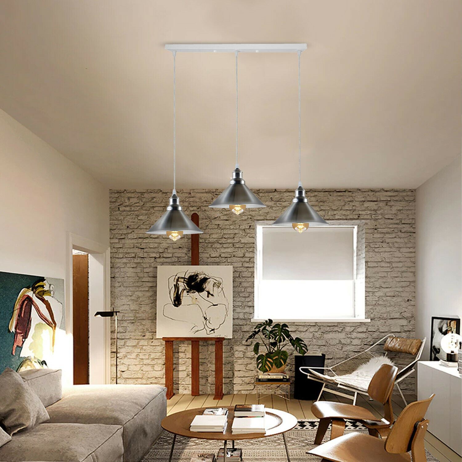 Modern Industrial Satin Nickel Indoor Hanging 3 Way Ceiling Pendant with three light holders and shades, showcasing a sleek design.