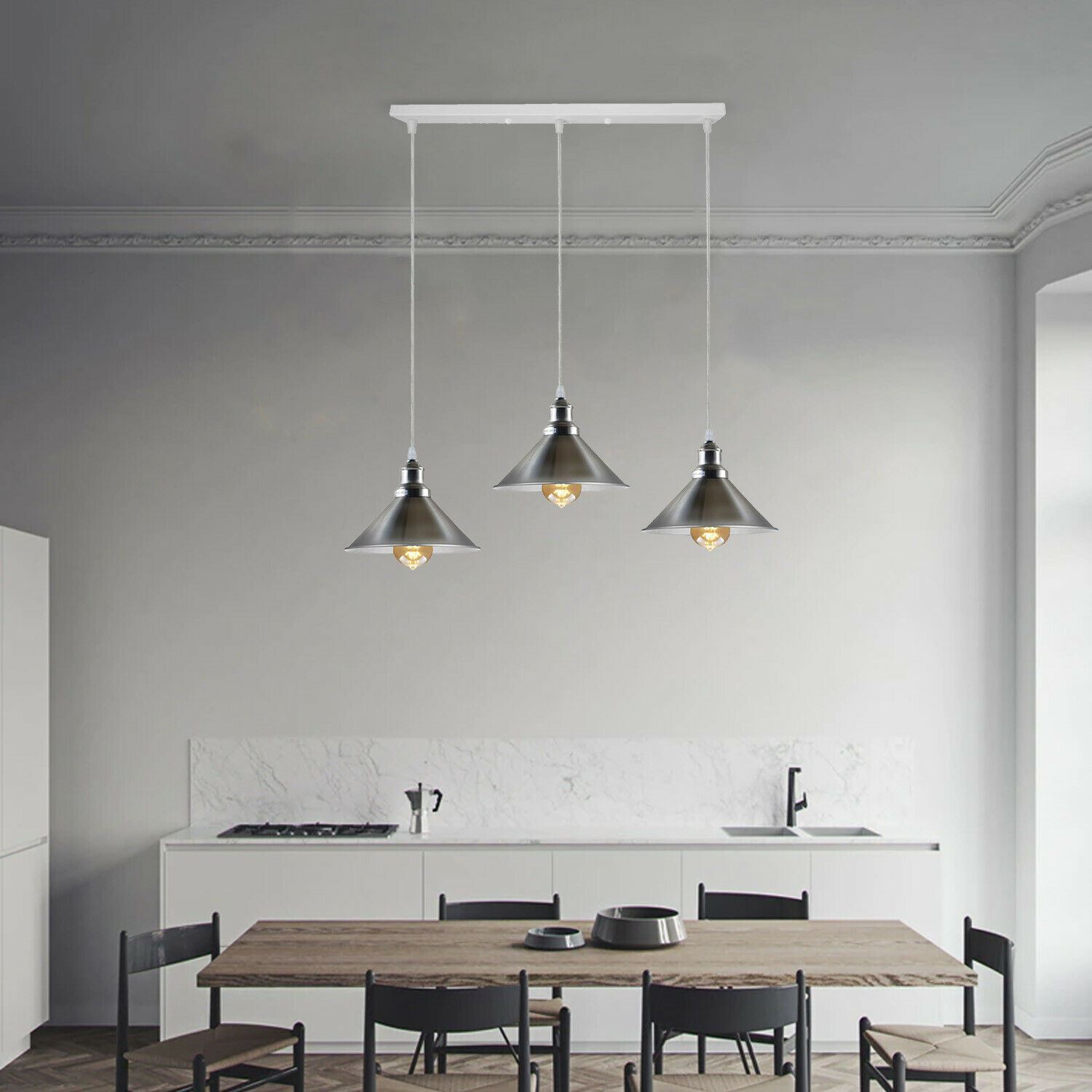 Modern Industrial Satin Nickel Indoor Hanging 3 Way Ceiling Pendant with three light holders and shades, showcasing a sleek design.