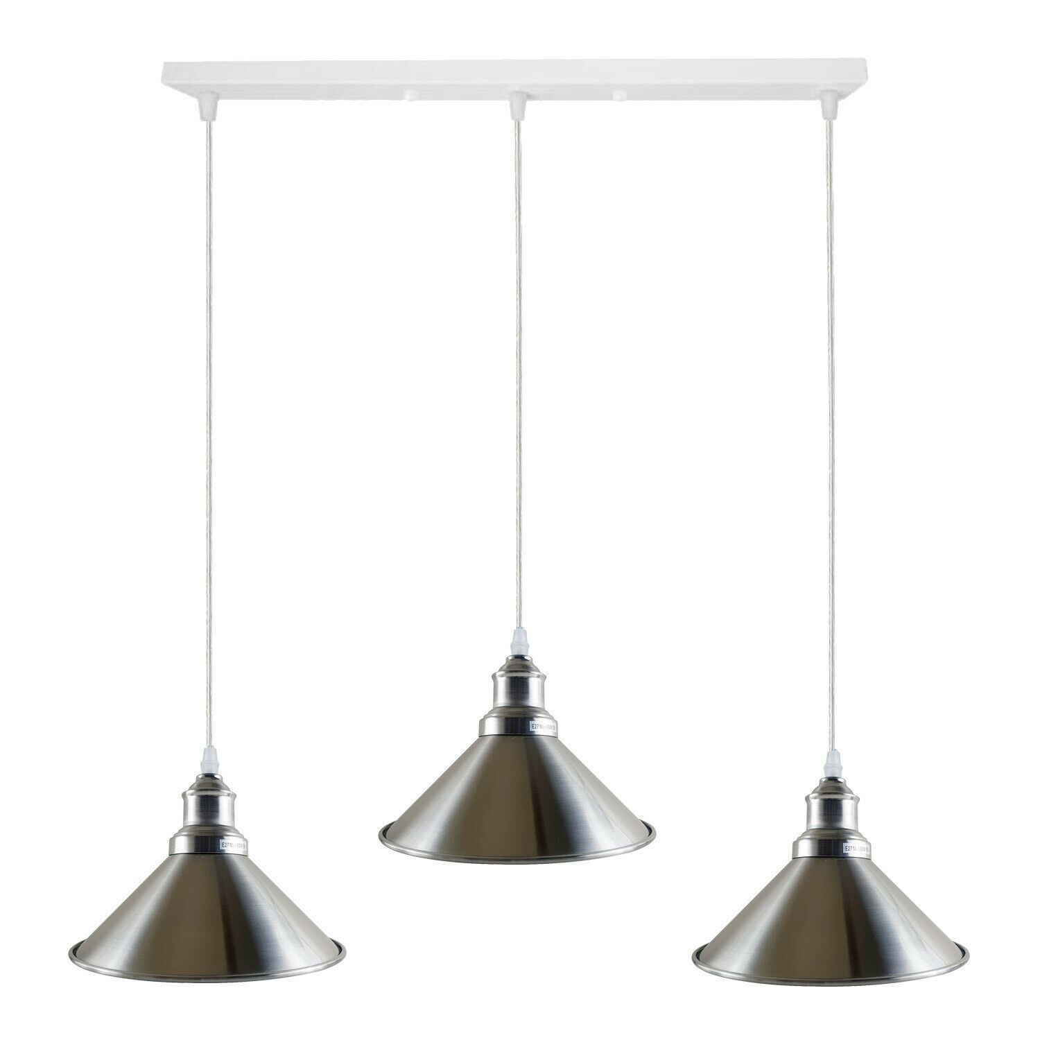 Modern Industrial Satin Nickel Indoor Hanging 3 Way Ceiling Pendant with three light holders and shades, showcasing a sleek design.