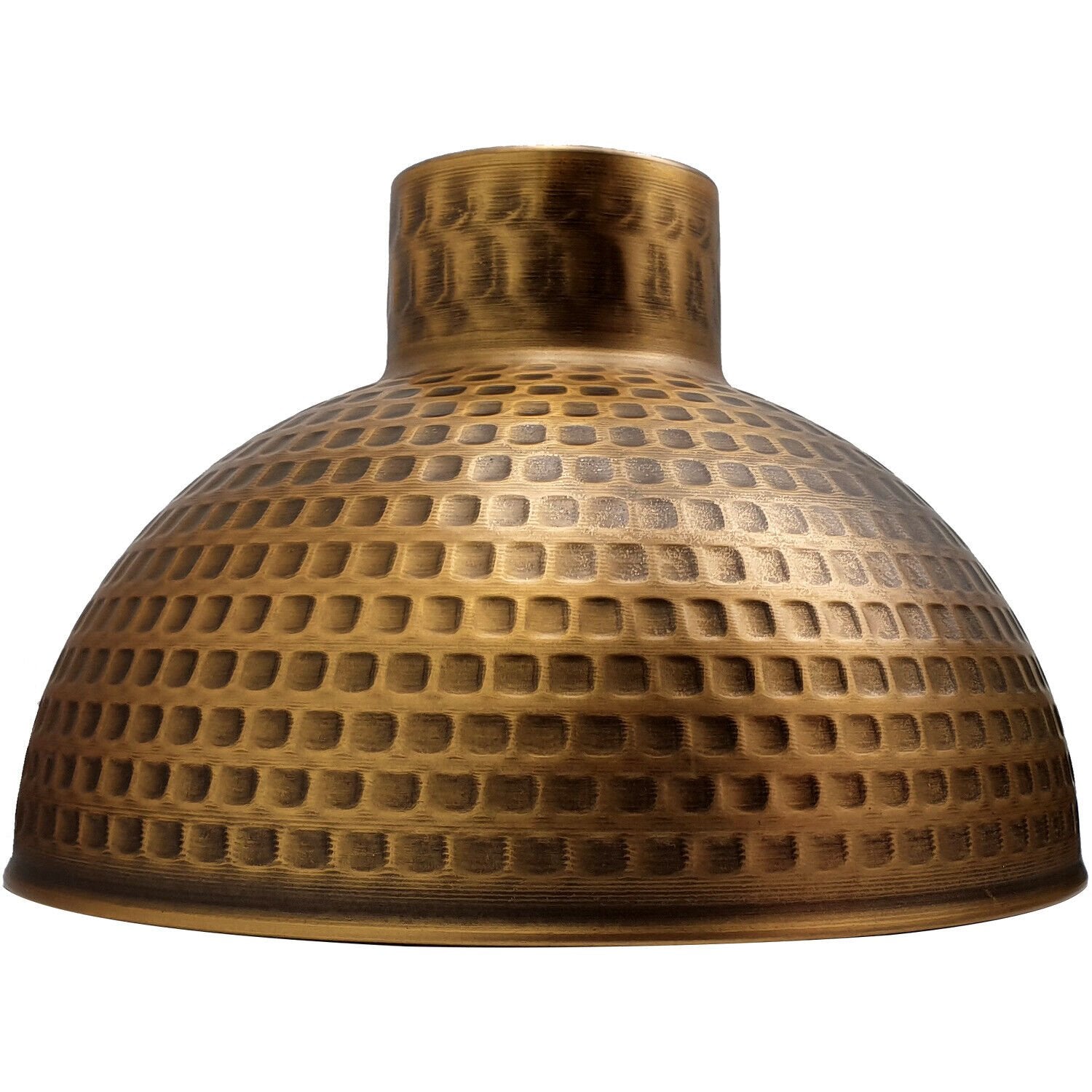 A collection of modern metal lamp shades in various colors including black, brushed copper, brushed silver, brushed brass, and rustic red, designed for pendant lights.