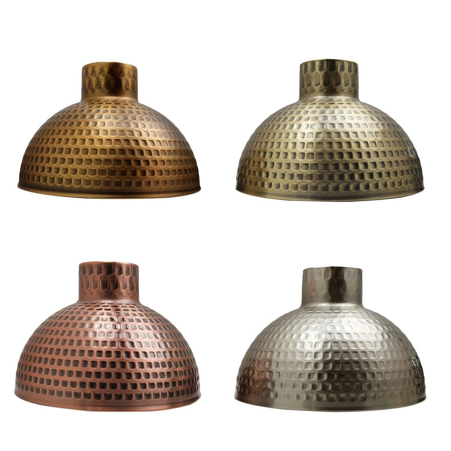 A collection of modern metal lamp shades in various colors including black, brushed copper, brushed silver, brushed brass, and rustic red, designed for pendant lights.