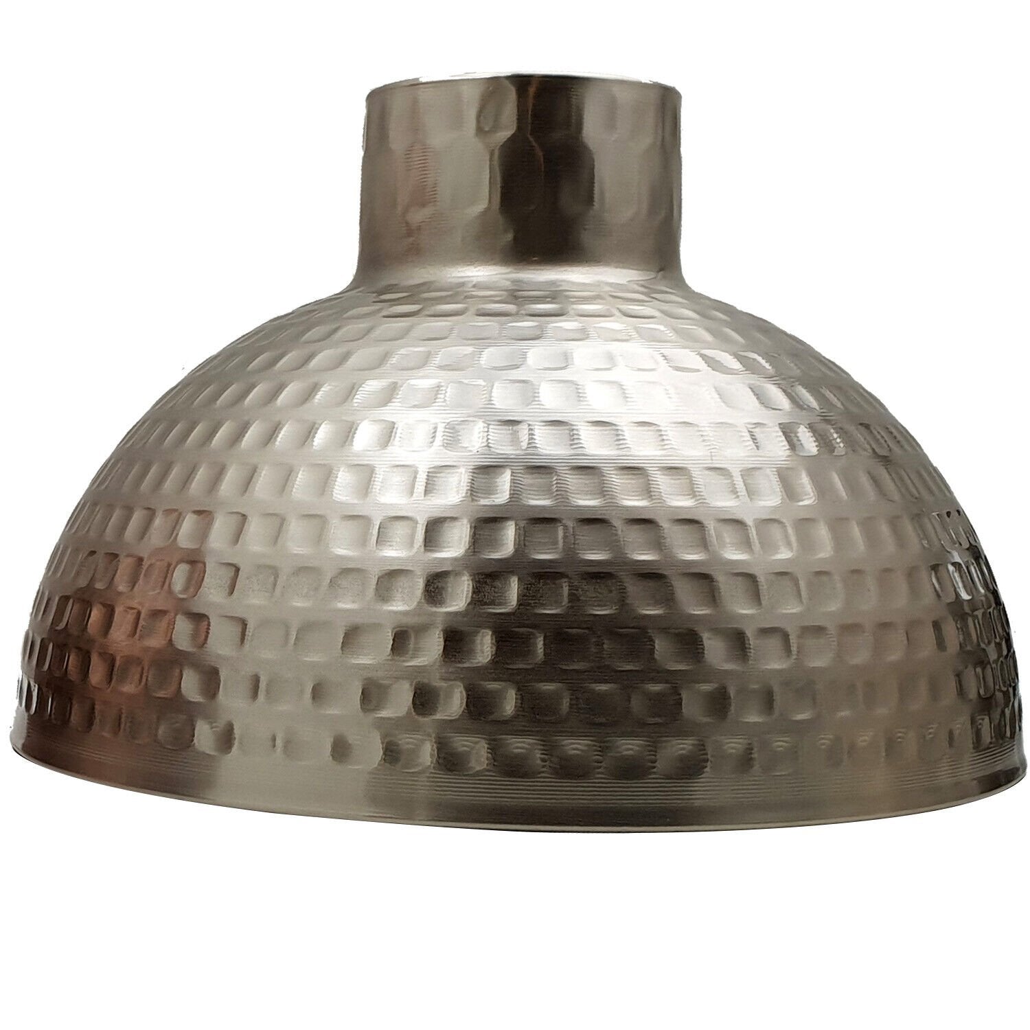 A collection of modern metal lamp shades in various colors including black, brushed copper, brushed silver, brushed brass, and rustic red, designed for pendant lights.