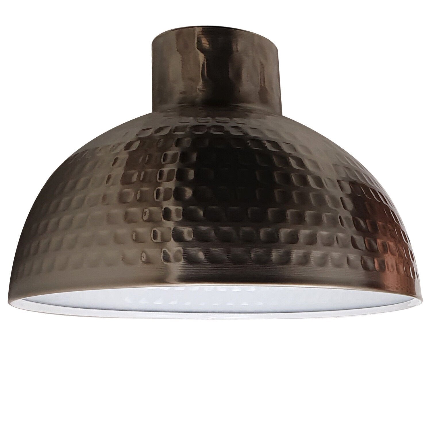 A collection of modern metal lamp shades in various colors including black, brushed copper, brushed silver, brushed brass, and rustic red, designed for pendant lights.