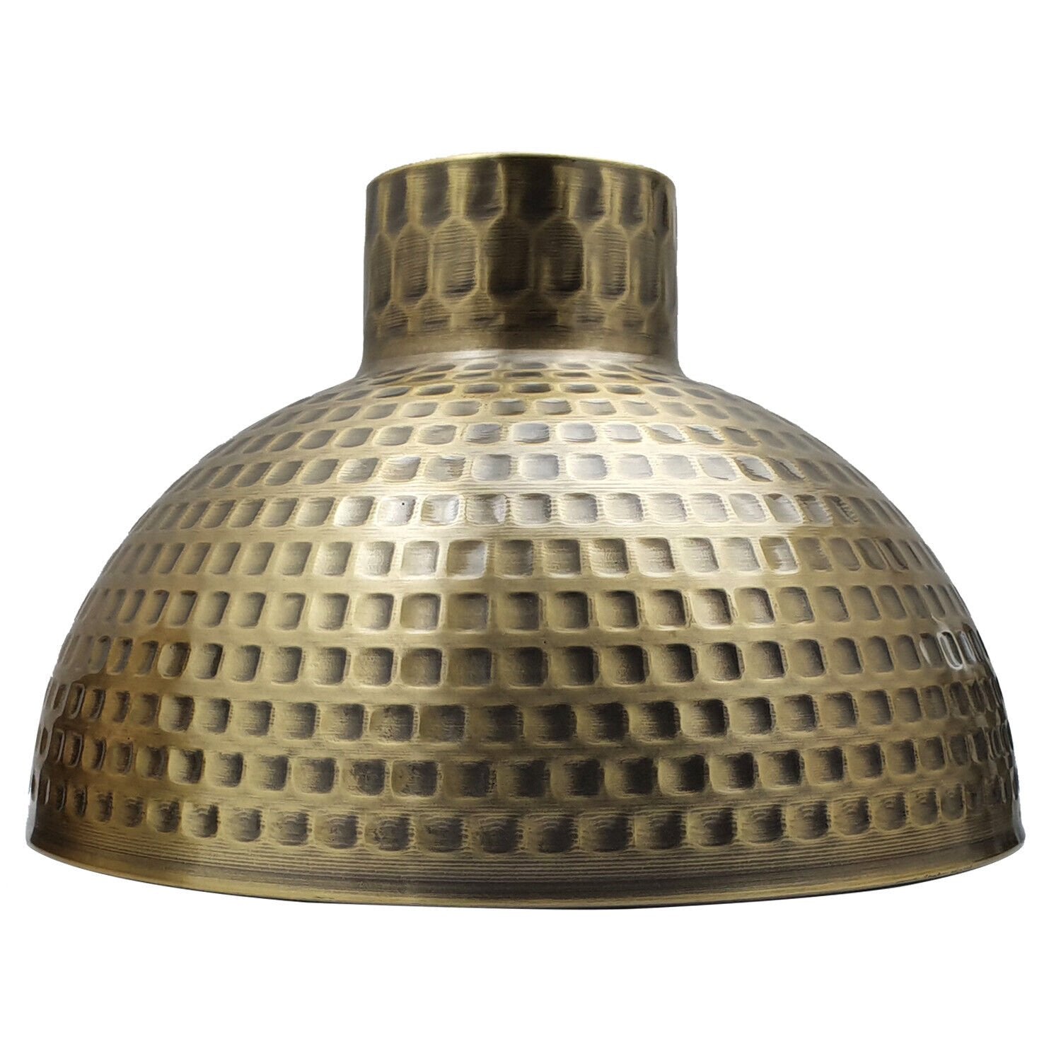 A collection of modern metal lamp shades in various colors including black, brushed copper, brushed silver, brushed brass, and rustic red, designed for pendant lights.