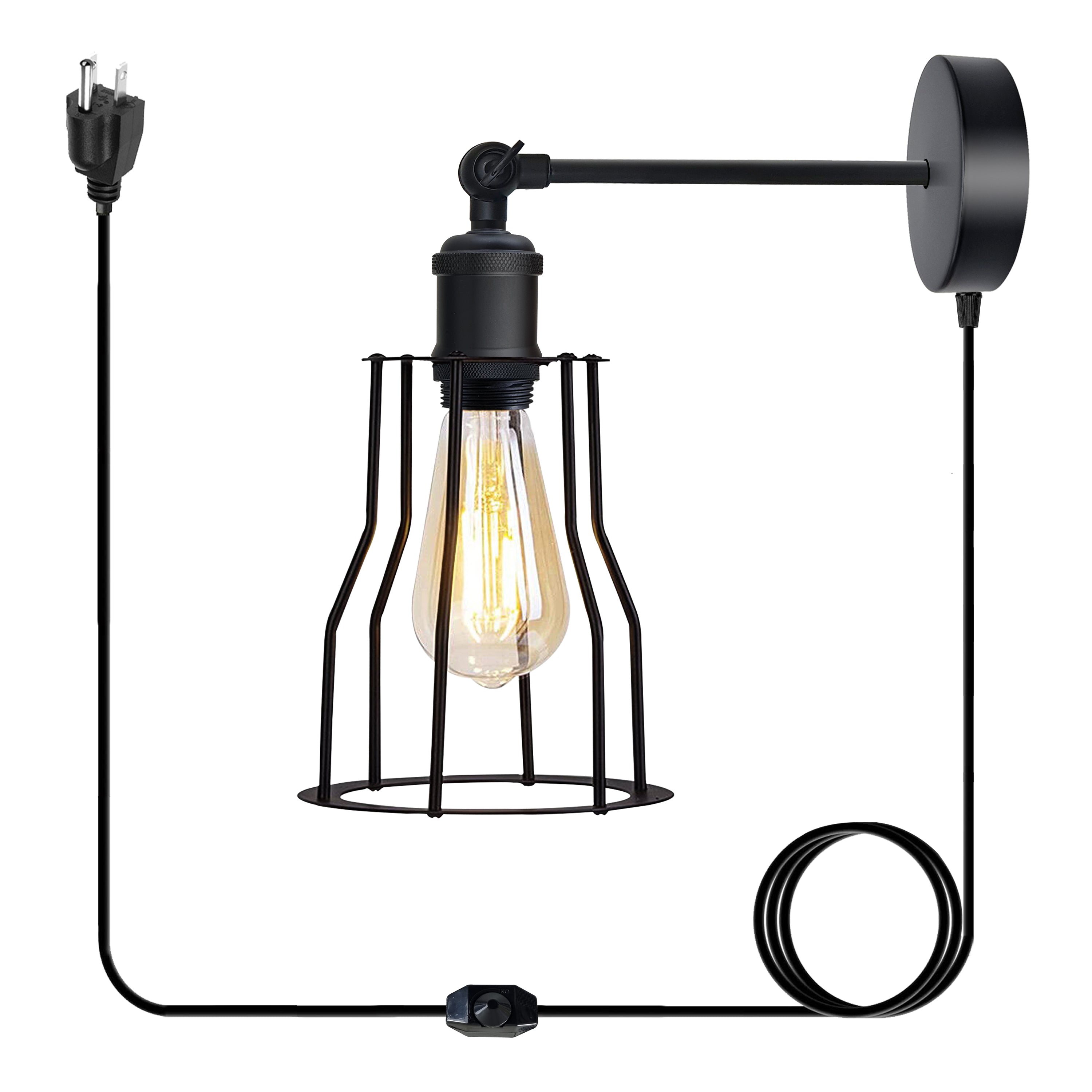 Modern Metal Mug Shape Plug-in Wall Sconce Lamp with dimmer switch, featuring a wire cage design and adjustable cable.