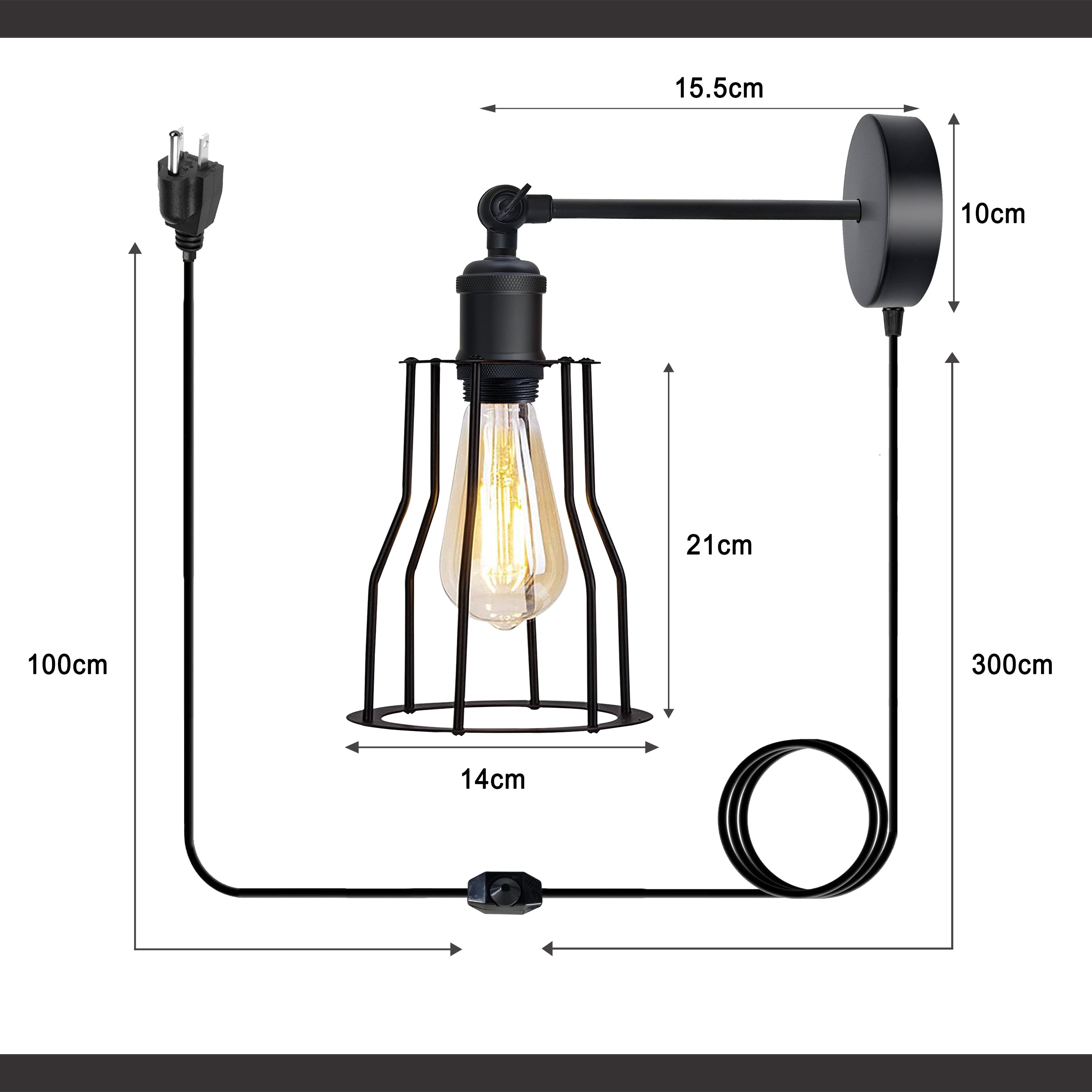 Modern Metal Mug Shape Plug-in Wall Sconce Lamp with dimmer switch, featuring a wire cage design and adjustable cable.