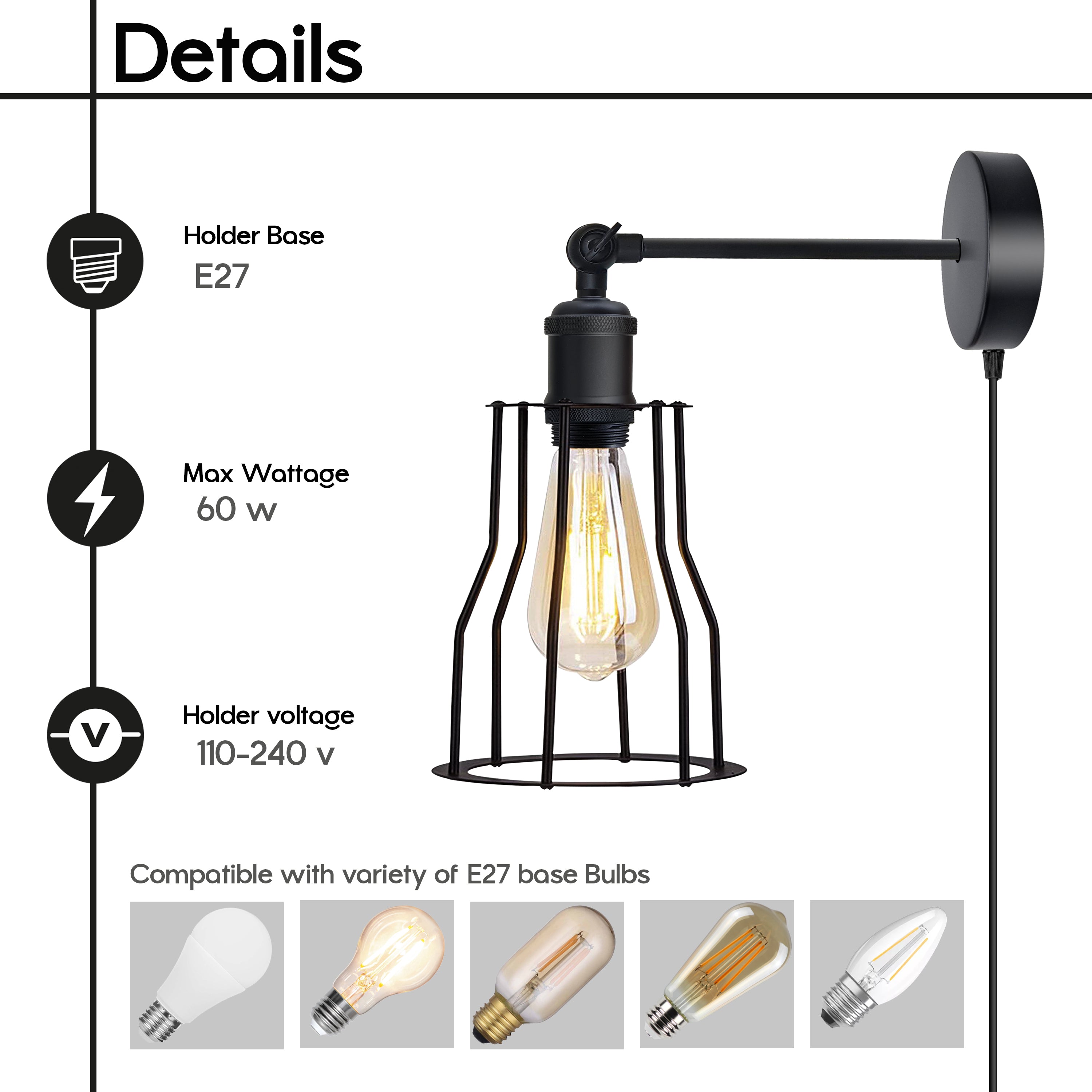 Modern Metal Mug Shape Plug-in Wall Sconce Lamp with dimmer switch, featuring a wire cage design and adjustable cable.