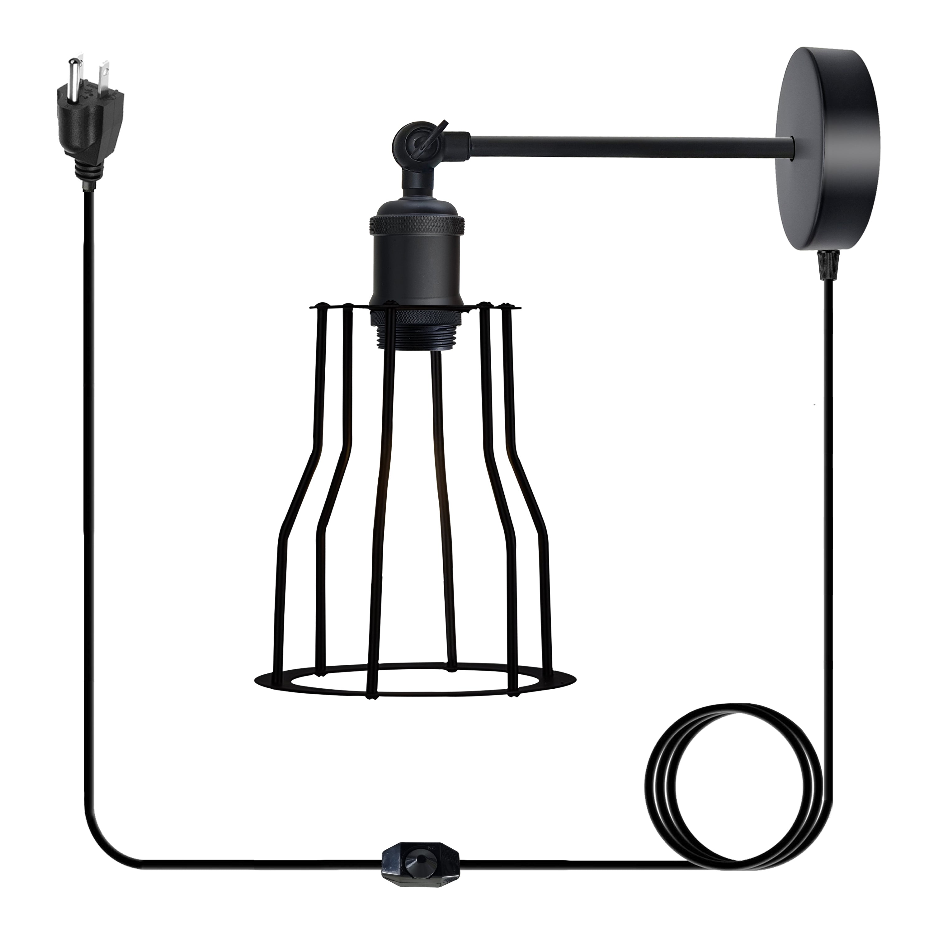 Modern Metal Mug Shape Plug-in Wall Sconce Lamp with dimmer switch, featuring a wire cage design and adjustable cable.