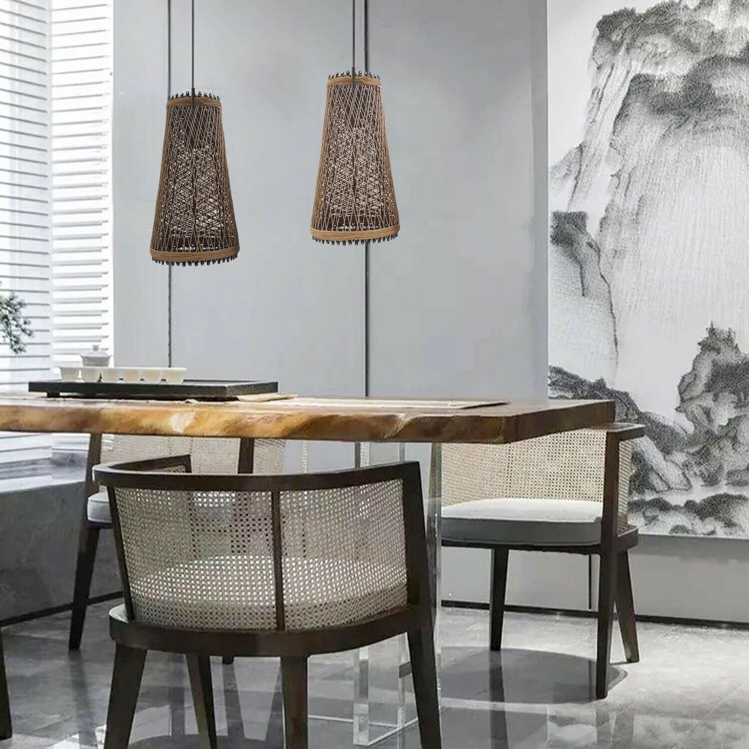 Modern Pendant Light featuring a rattan wicker basket design, perfect for home and commercial use, providing warm and romantic lighting.