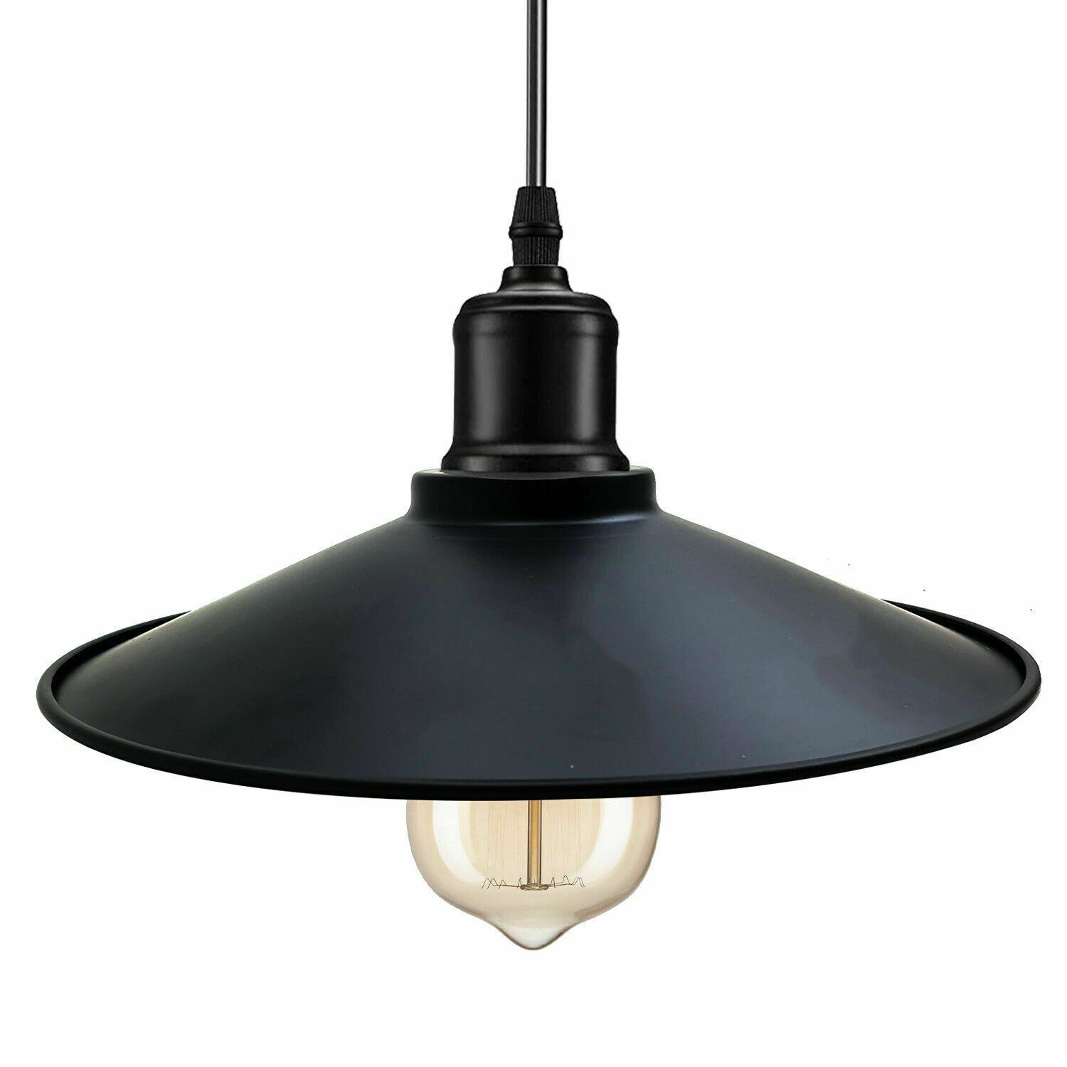 Modern pendant lighting fixture with a sleek black metal shade, ideal for kitchen and dining areas.