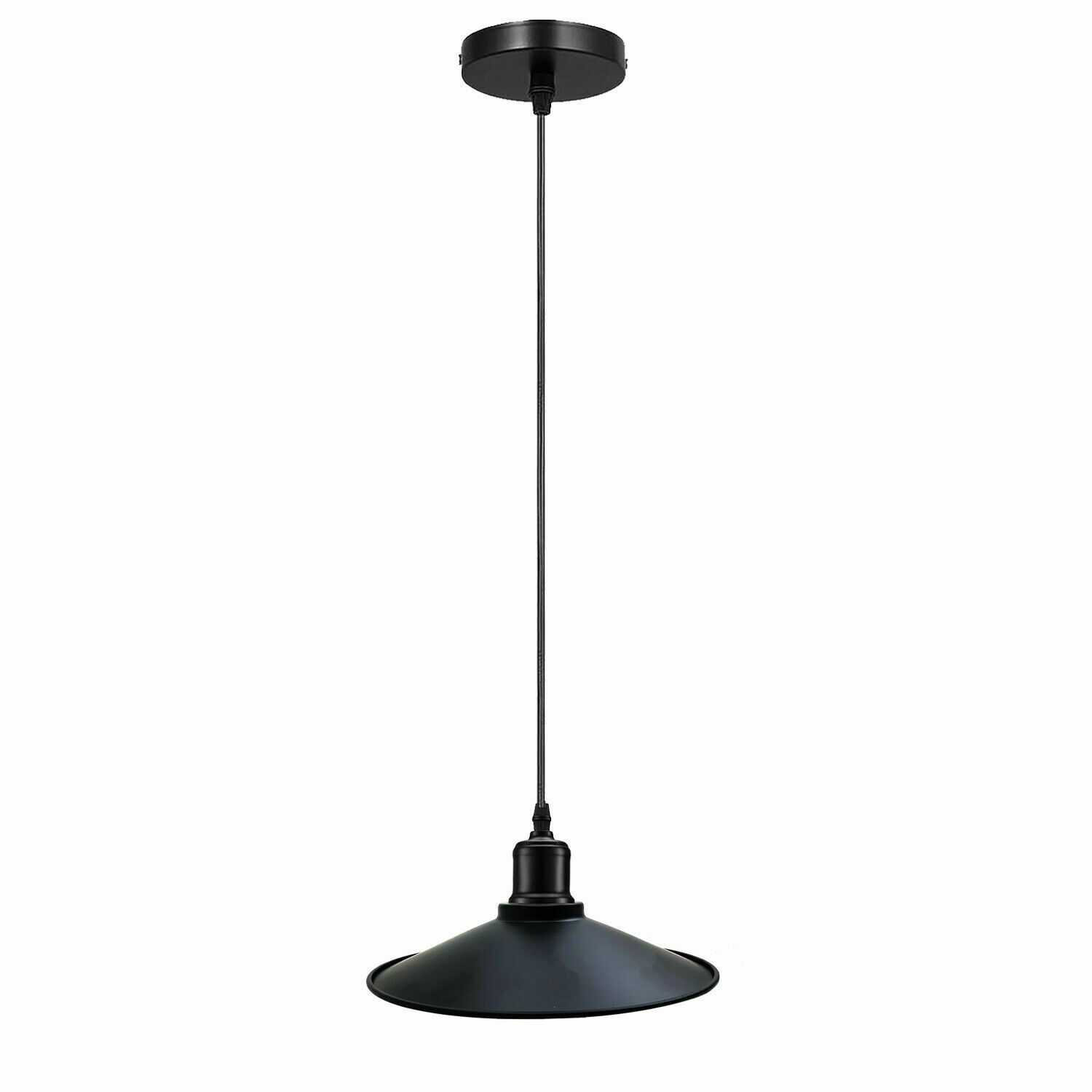 Modern pendant lighting fixture with a sleek black metal shade, ideal for kitchen and dining areas.