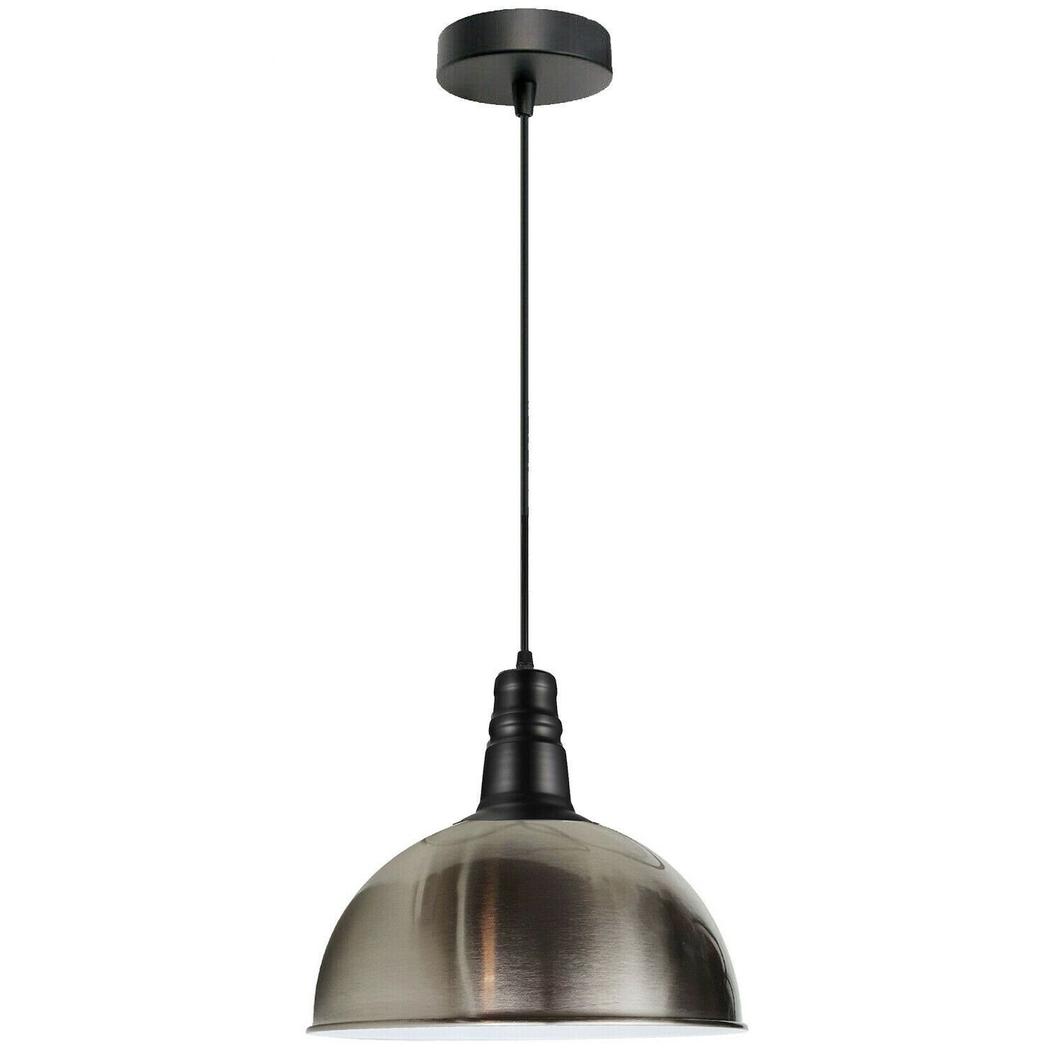 Modern Satin Nickel Pendant Lighting with sleek dome design and white interior, perfect for contemporary decor.