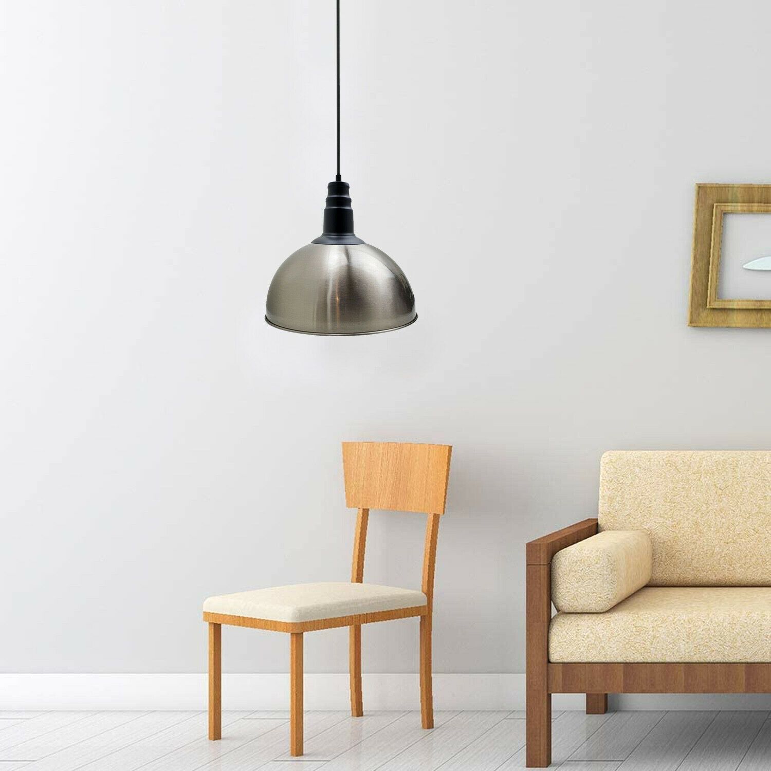 Modern Satin Nickel Pendant Lighting with sleek dome design and white interior, perfect for contemporary decor.