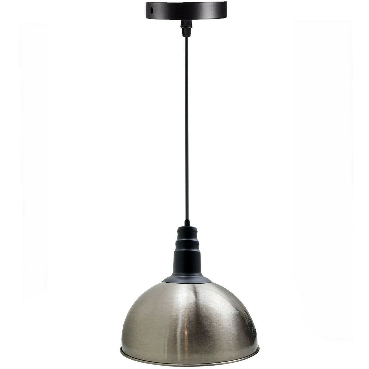 Modern Satin Nickel Pendant Lighting with sleek dome design and white interior, perfect for contemporary decor.