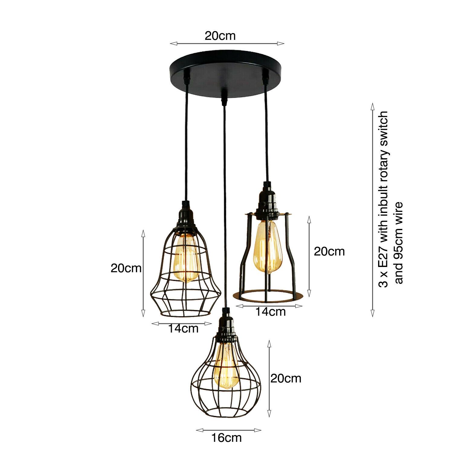 Modern Style 3 Point Pendant Set Ceiling Light Fixture with bulb guard cage in black, showcasing its elegant design and three light holders.