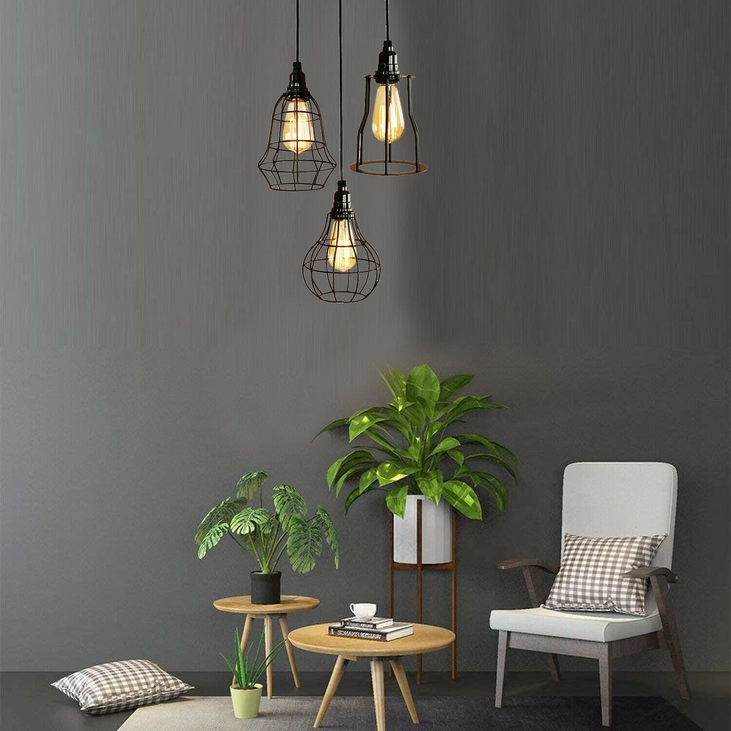 Modern Style 3 Point Pendant Set Ceiling Light Fixture with bulb guard cage in black, showcasing its elegant design and three light holders.