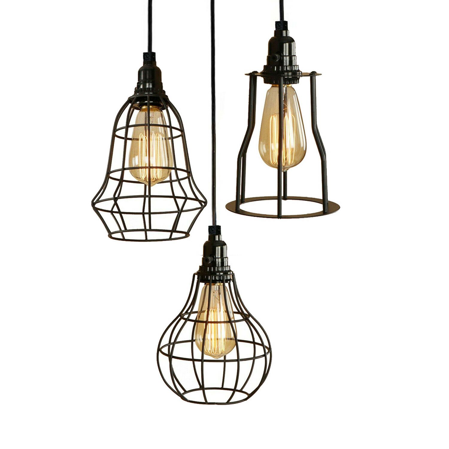 Modern Style 3 Point Pendant Set Ceiling Light Fixture with bulb guard cage in black, showcasing its elegant design and three light holders.