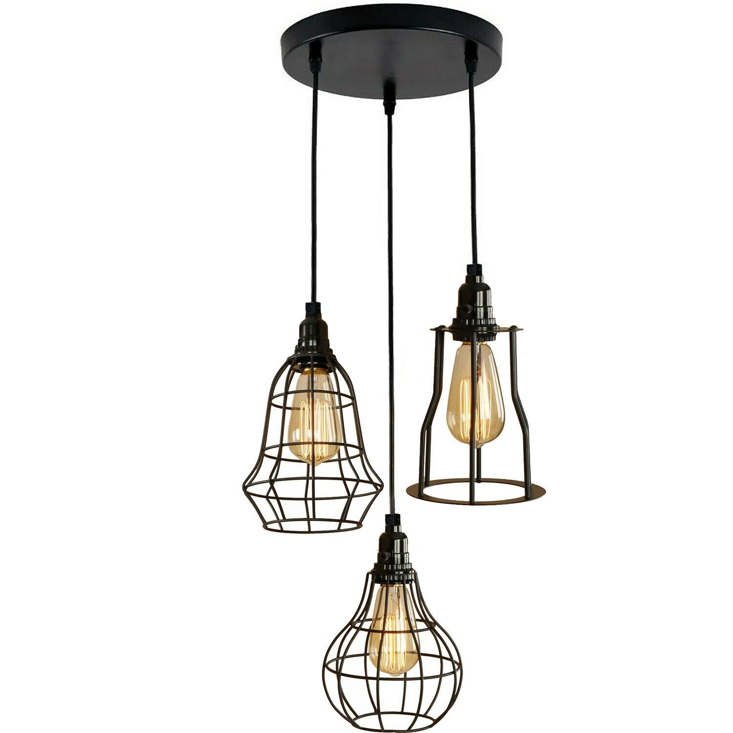 Modern Style 3 Point Pendant Set Ceiling Light Fixture with bulb guard cage in black, showcasing its elegant design and three light holders.