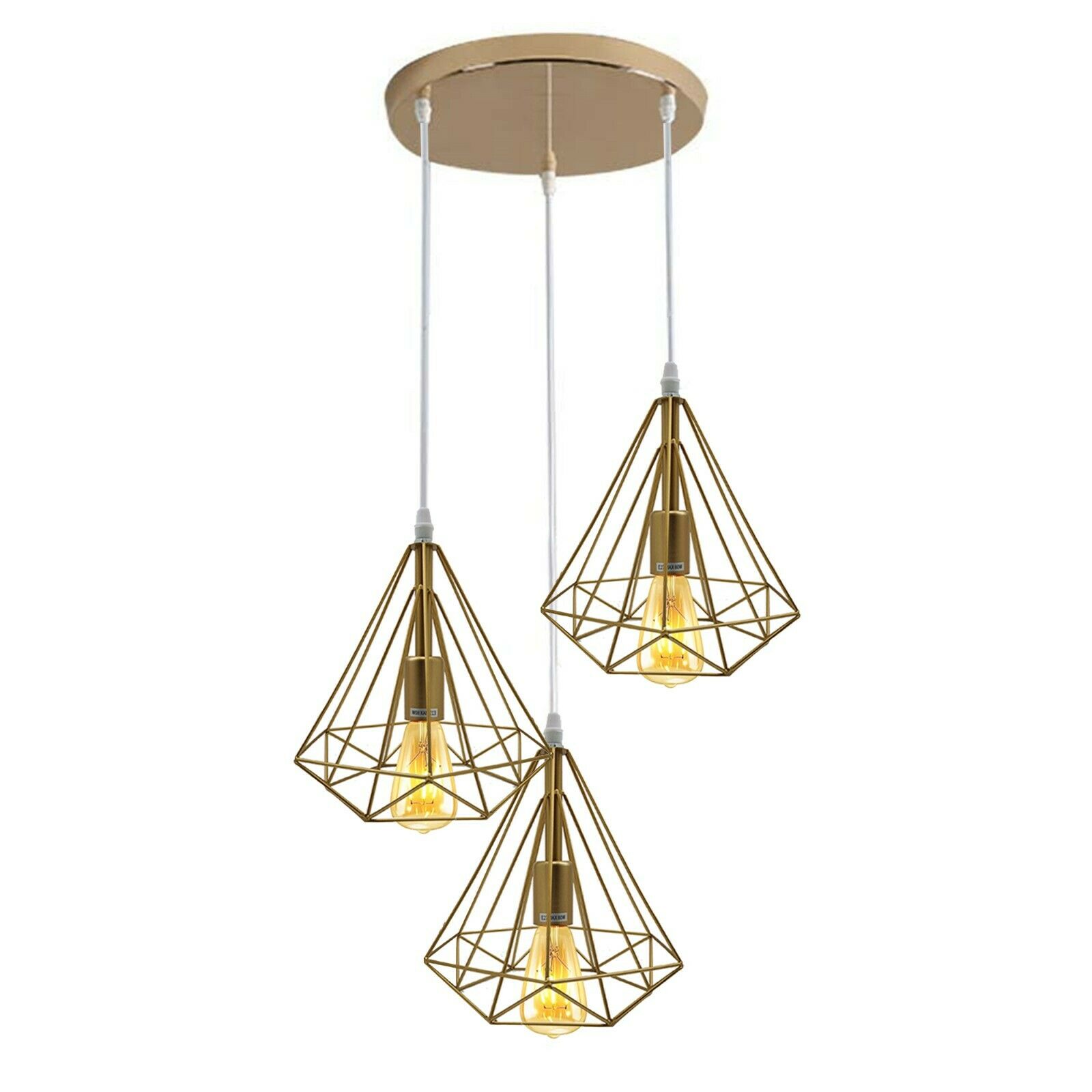 Modern Vintage Industrial Retro Loft 3 Head Ceiling Pendant Lamp in gold finish with three light holders and adjustable cables.