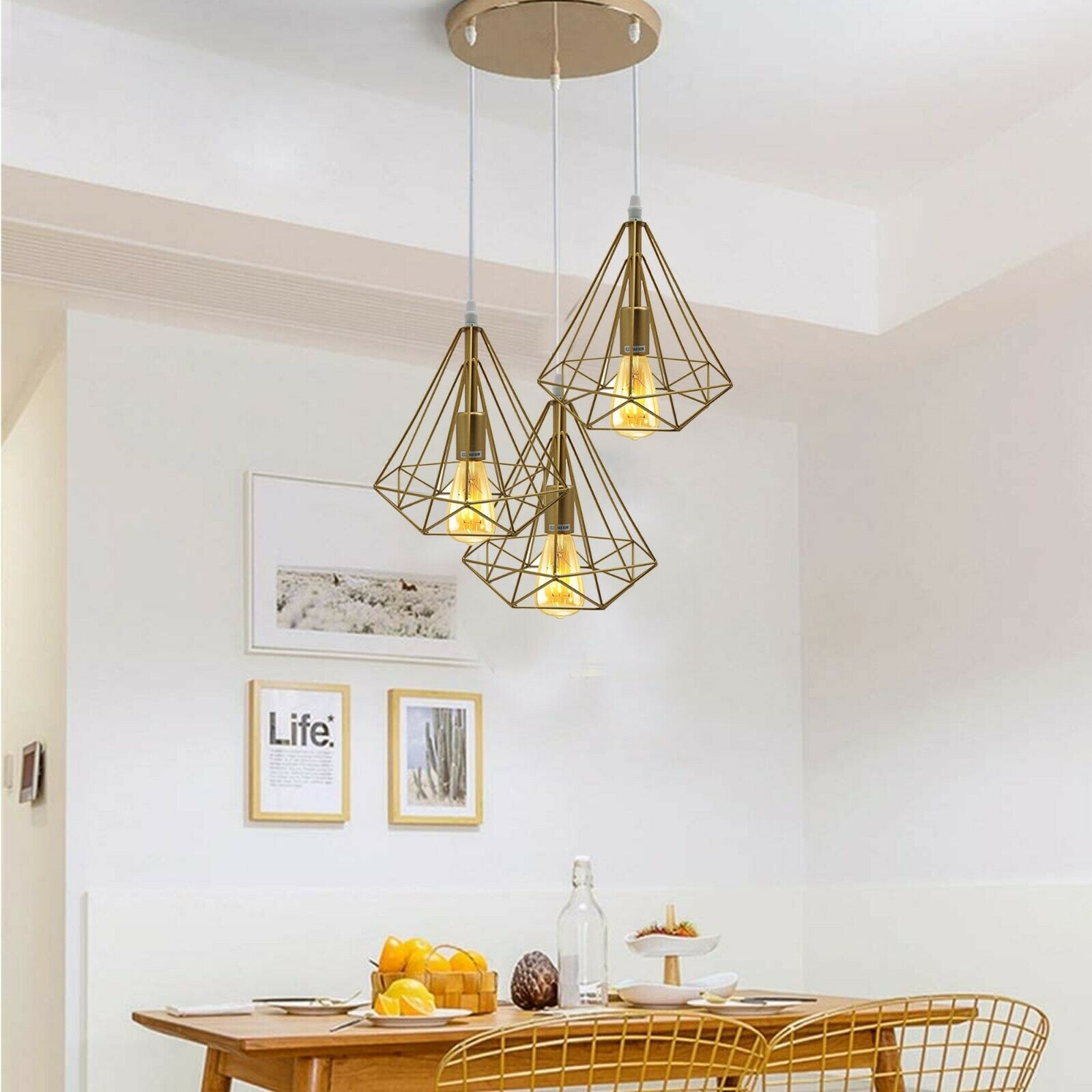 Modern Vintage Industrial Retro Loft 3 Head Ceiling Pendant Lamp in gold finish with three light holders and adjustable cables.