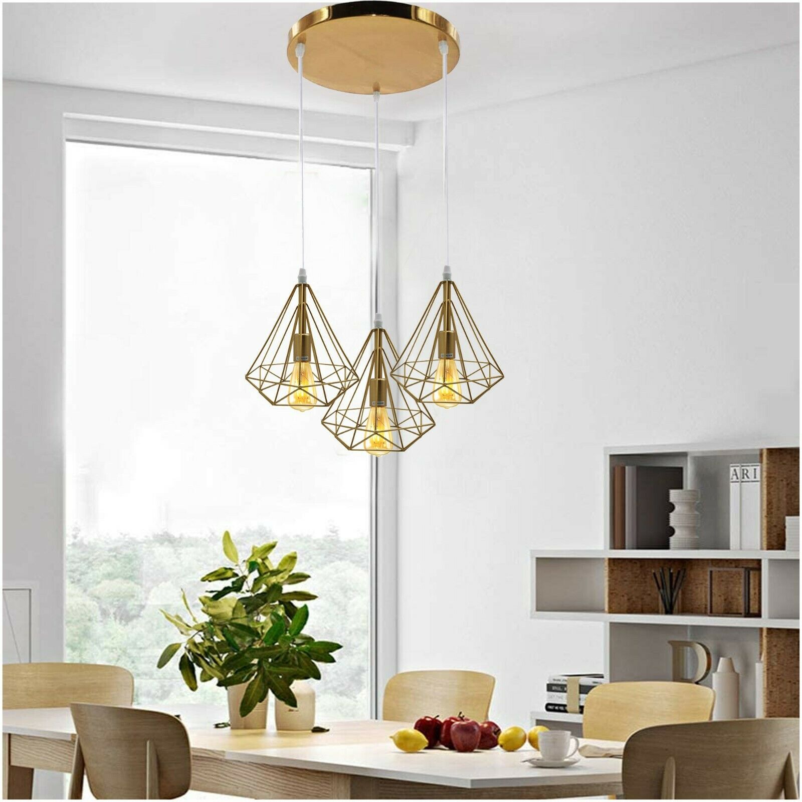 Modern Vintage Industrial Retro Loft 3 Head Ceiling Pendant Lamp in gold finish with three light holders and adjustable cables.