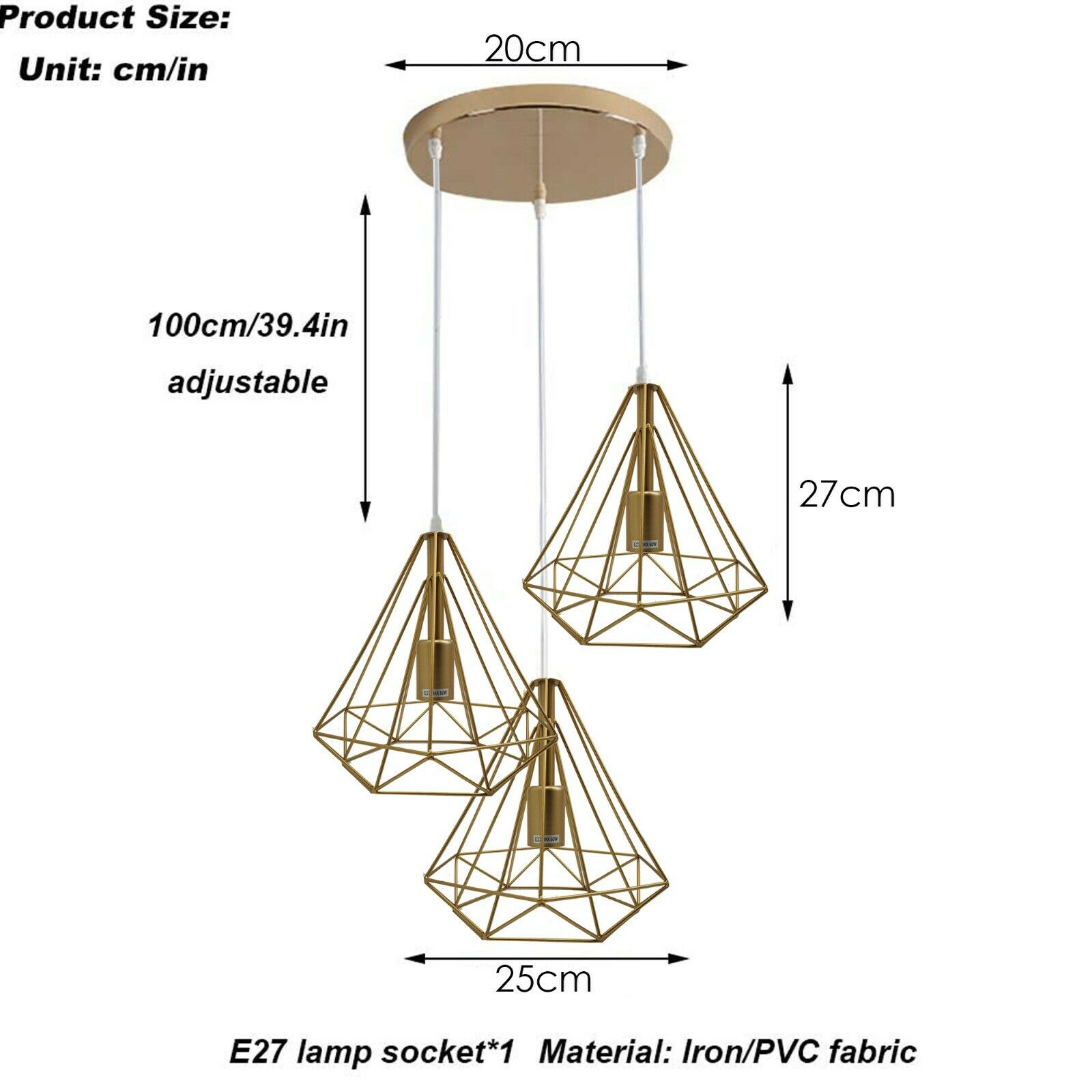 Modern Vintage Industrial Retro Loft 3 Head Ceiling Pendant Lamp in gold finish with three light holders and adjustable cables.