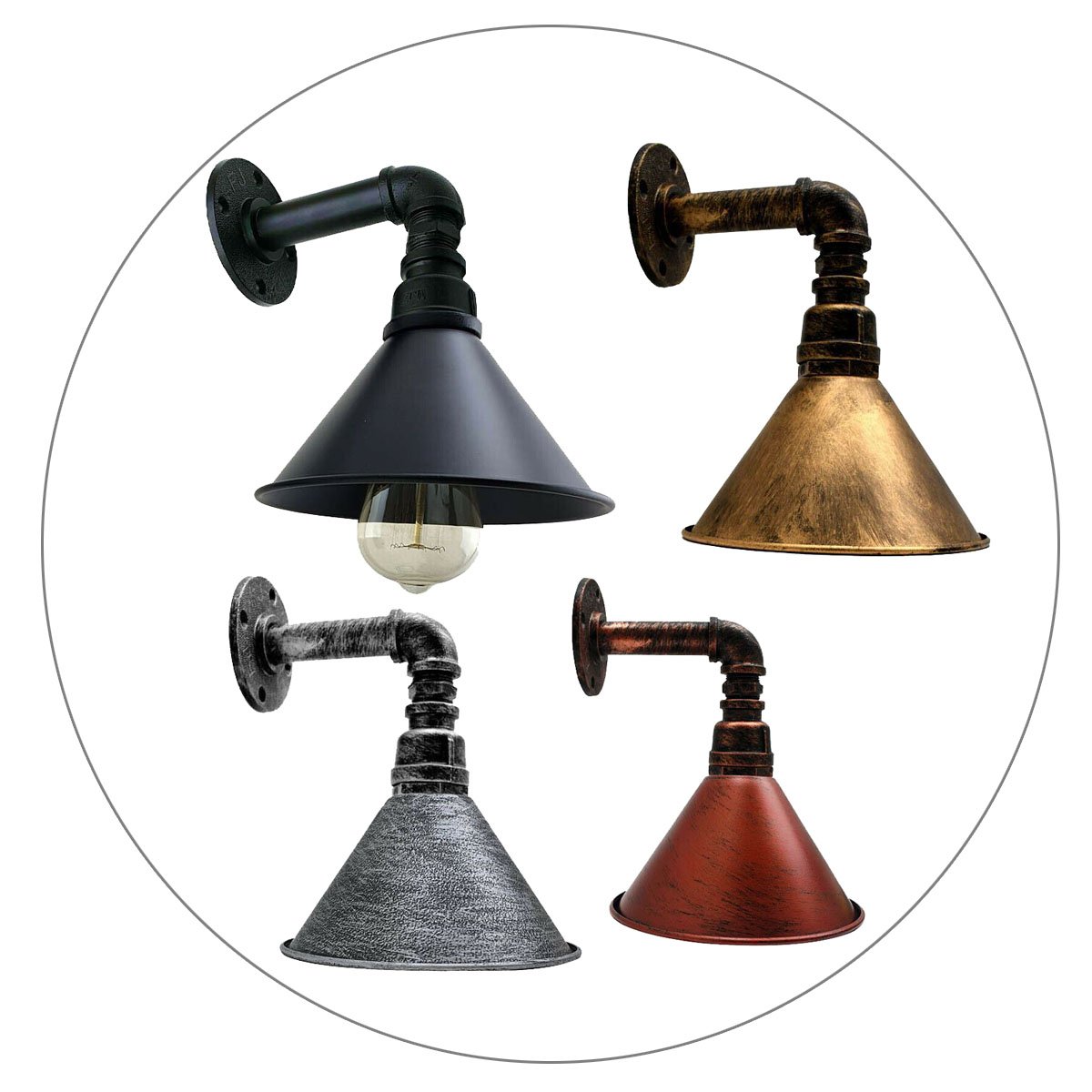 Modern Vintage Wall Mounted Light Sconce with cone design, showcasing a retro industrial waterpipe style in a stylish indoor setting.