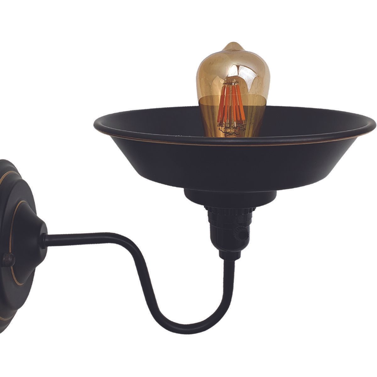 Modern wall light sconce with black metal shade, designed for E27 bulbs, mounted on a wall, showcasing industrial style.