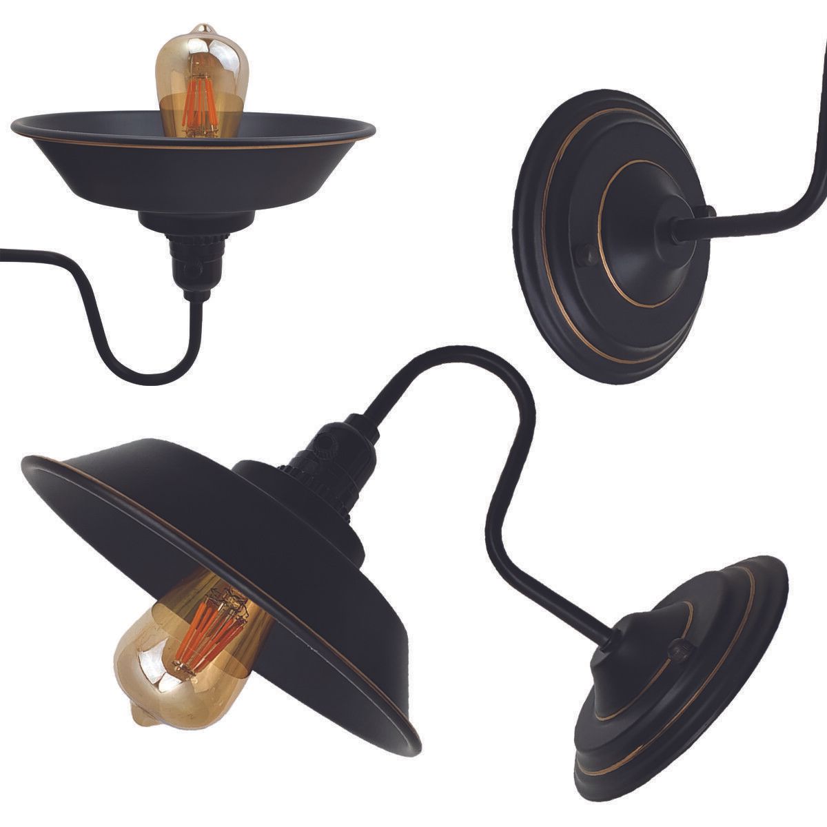 Modern wall light sconce with black metal shade, designed for E27 bulbs, mounted on a wall, showcasing industrial style.