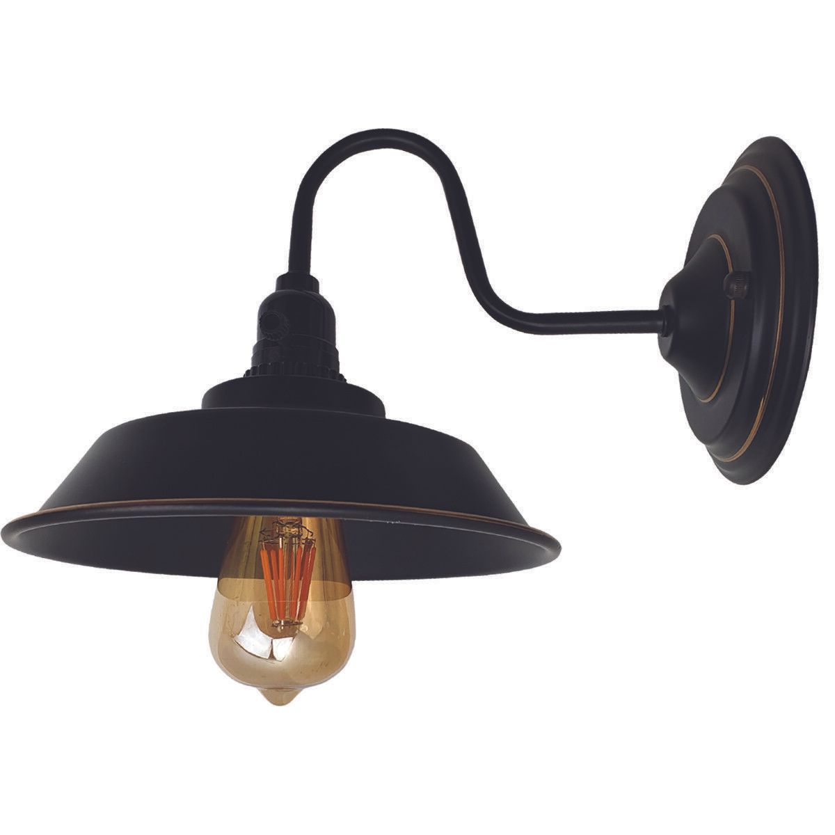 Modern wall light sconce with black metal shade, designed for E27 bulbs, mounted on a wall, showcasing industrial style.