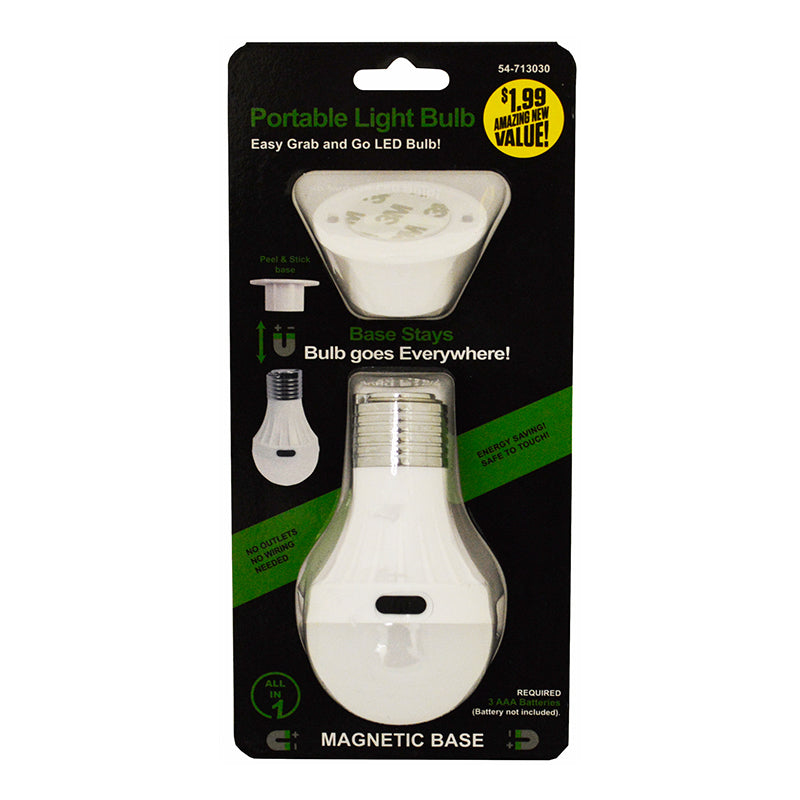 Momentum Brands Portable LED Light Bulb with peel and stick base, showcasing its compact and portable design.