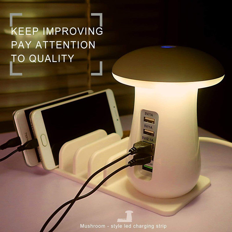 A stylish Mushroom Lamp LED holder with a USB charger, featuring a unique mushroom design and multiple charging ports.