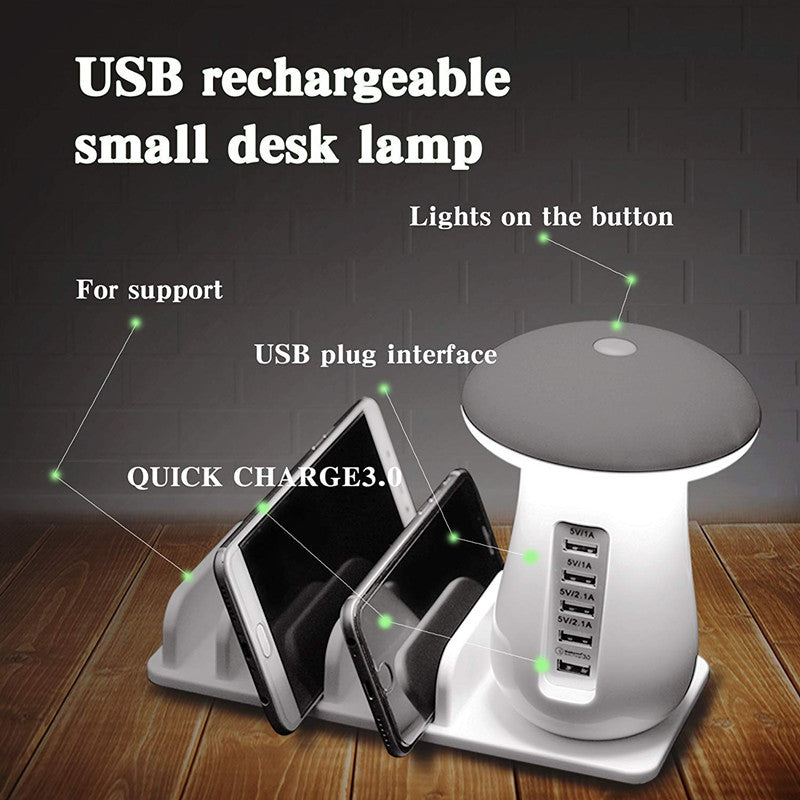 A stylish Mushroom Lamp LED holder with a USB charger, featuring a unique mushroom design and multiple charging ports.