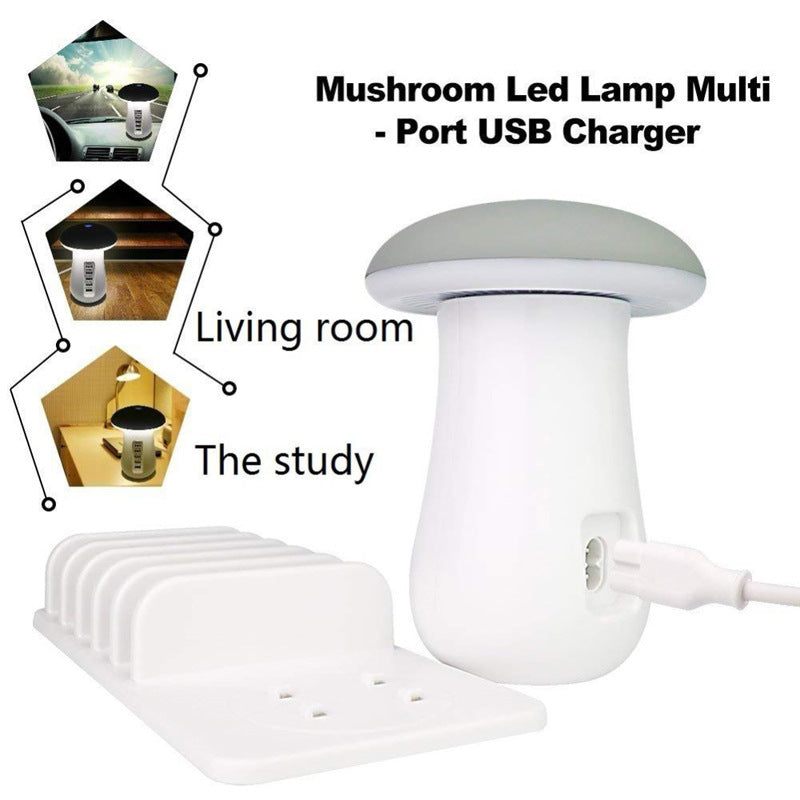 A stylish Mushroom Lamp LED holder with a USB charger, featuring a unique mushroom design and multiple charging ports.