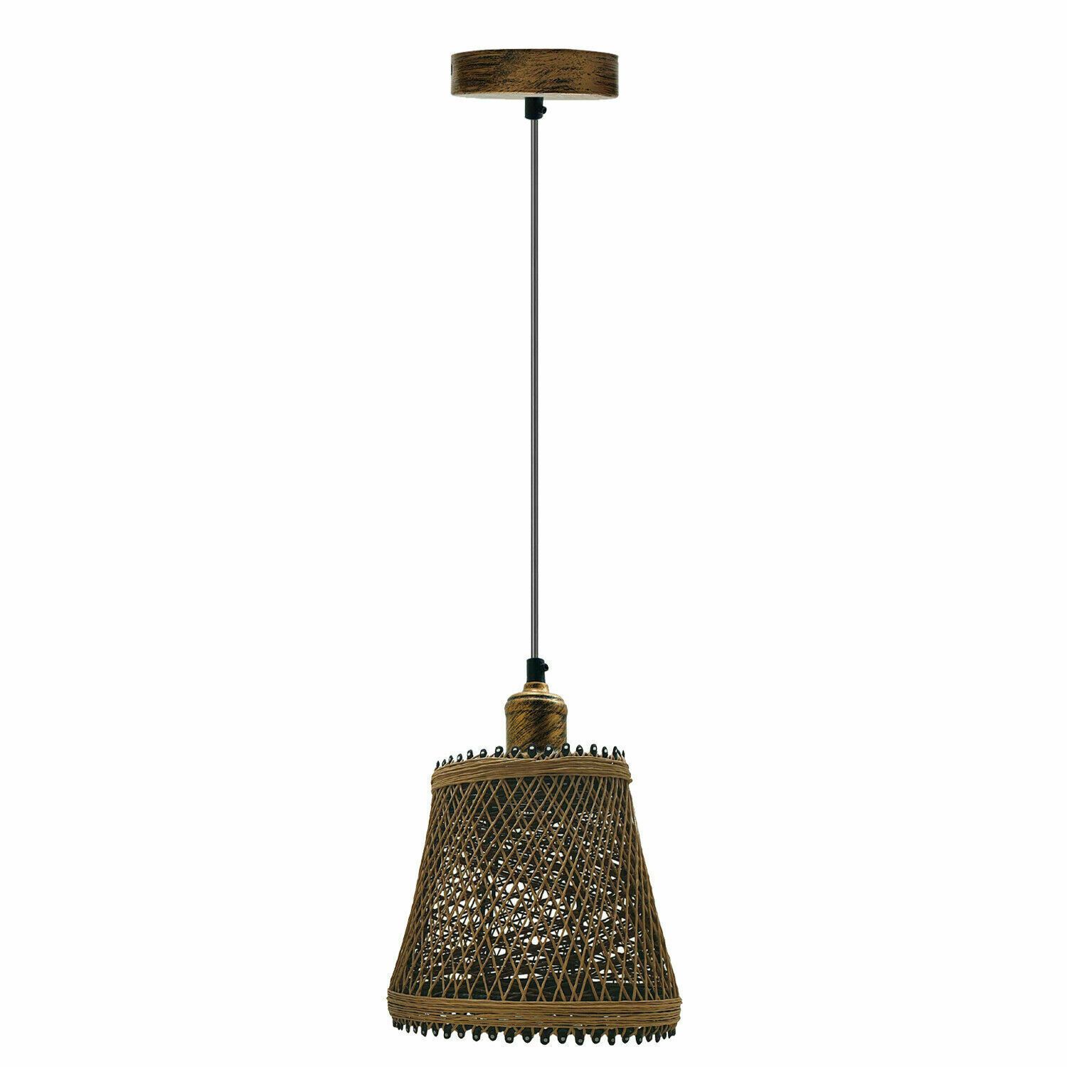 Natural Rattan Wicker Ceiling Pendant Light with metal accents, showcasing a stylish design suitable for various interiors.