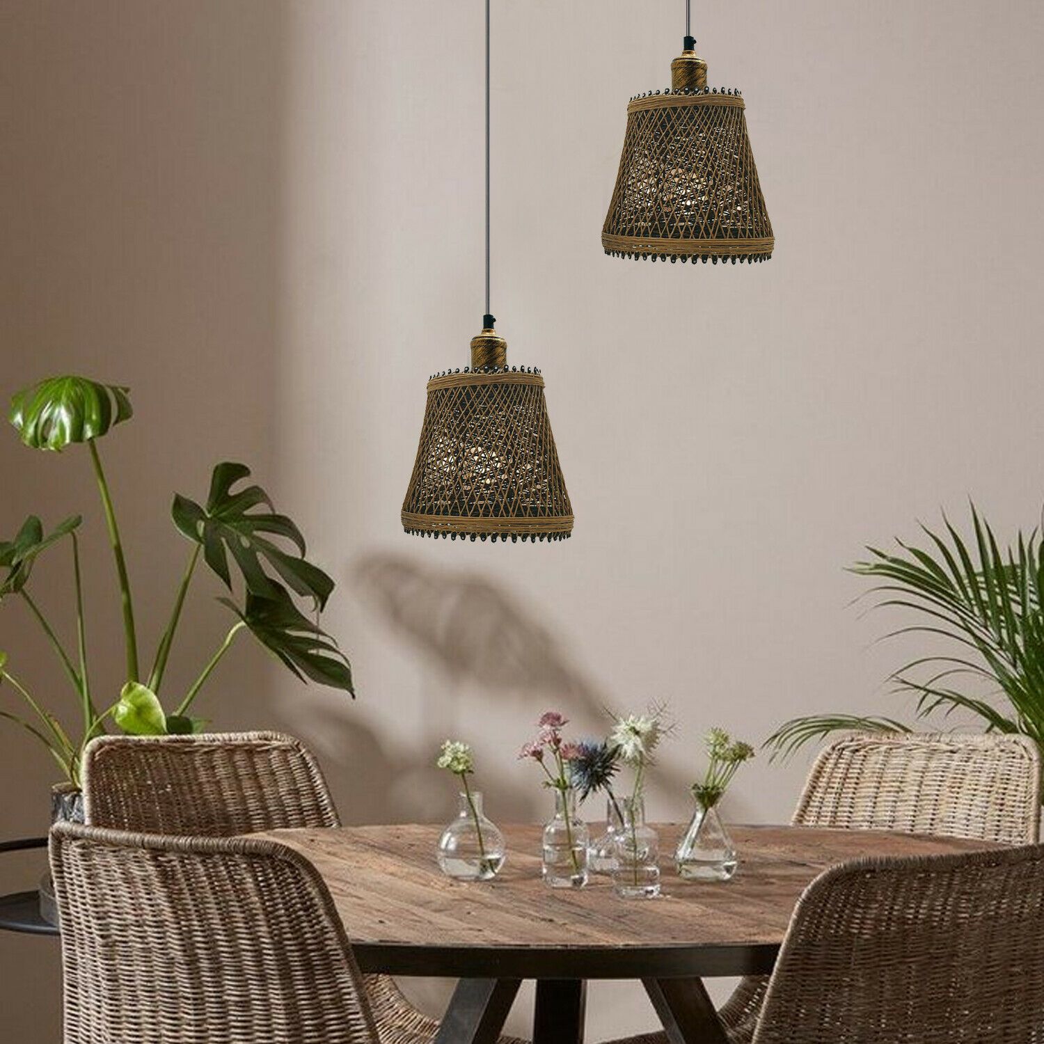 Natural Rattan Wicker Ceiling Pendant Light with metal accents, showcasing a stylish design suitable for various interiors.