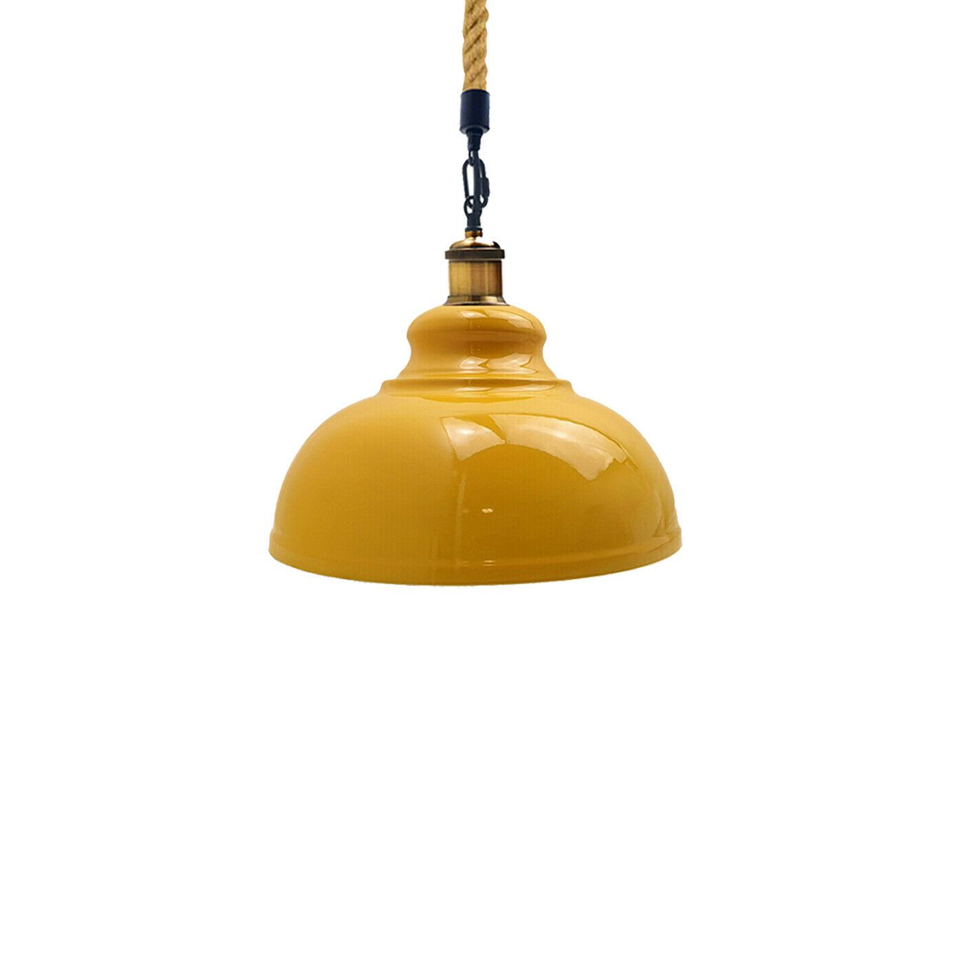 Vintage industrial ceiling lamp with metal shade and hemp rope, perfect for home decor.