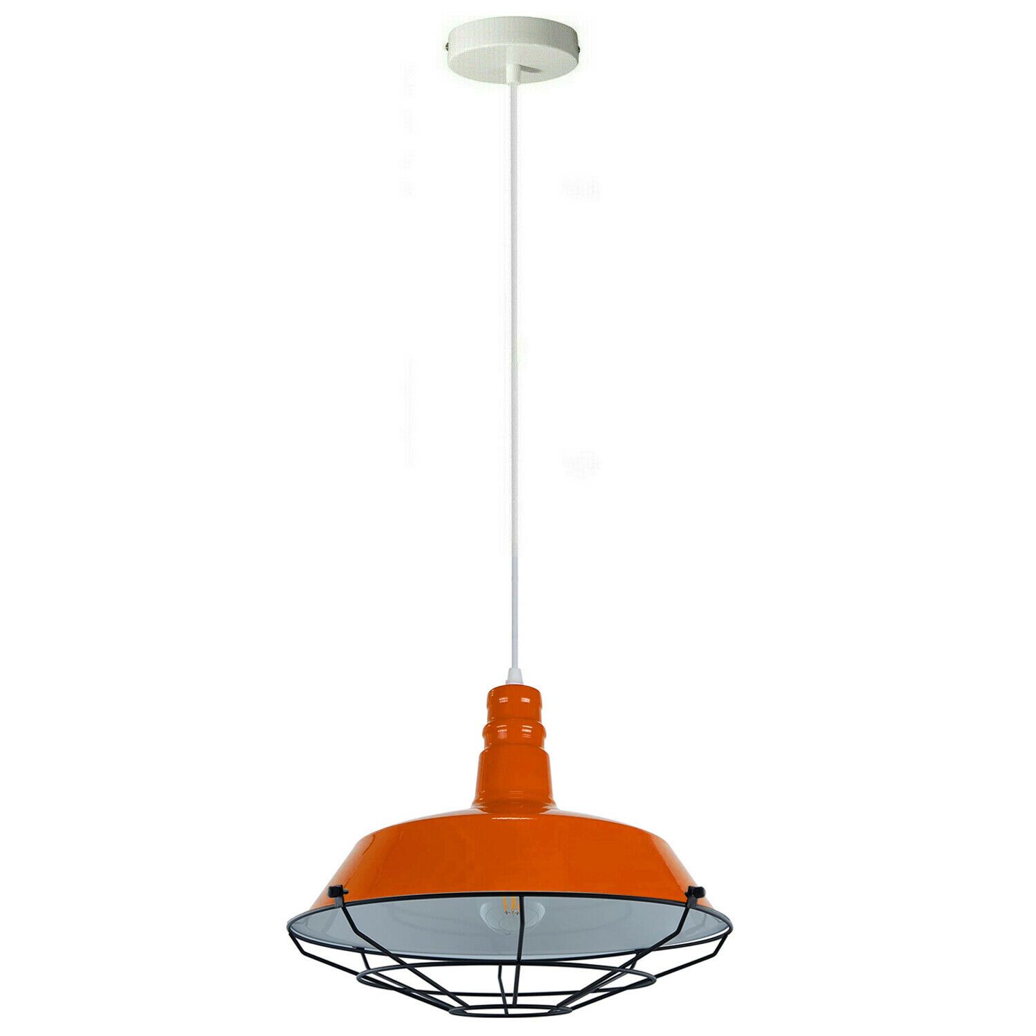 Orange pendant light with a modern metal design, ideal for industrial decor, hanging from a ceiling.